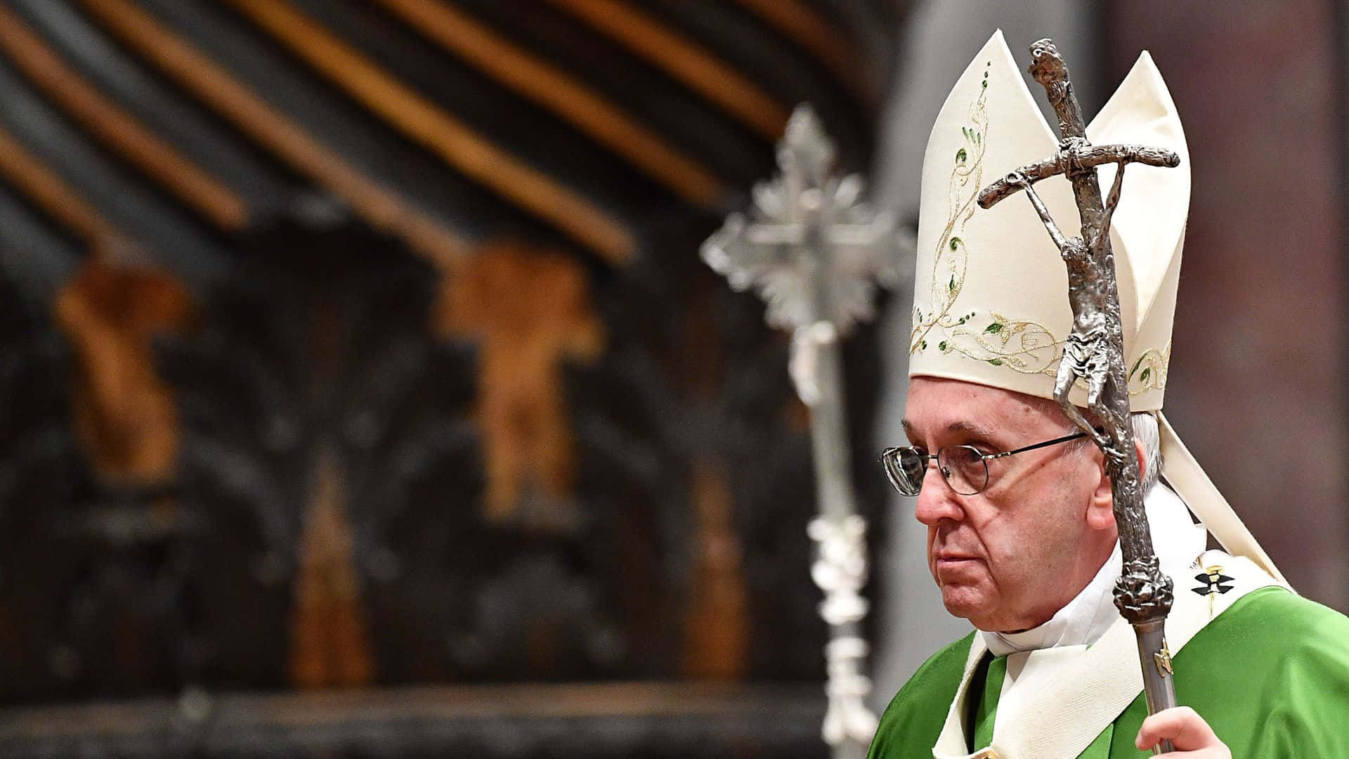 Pope Francis, green vestments, ornate mitre, Full HD Desktop Wallpaper