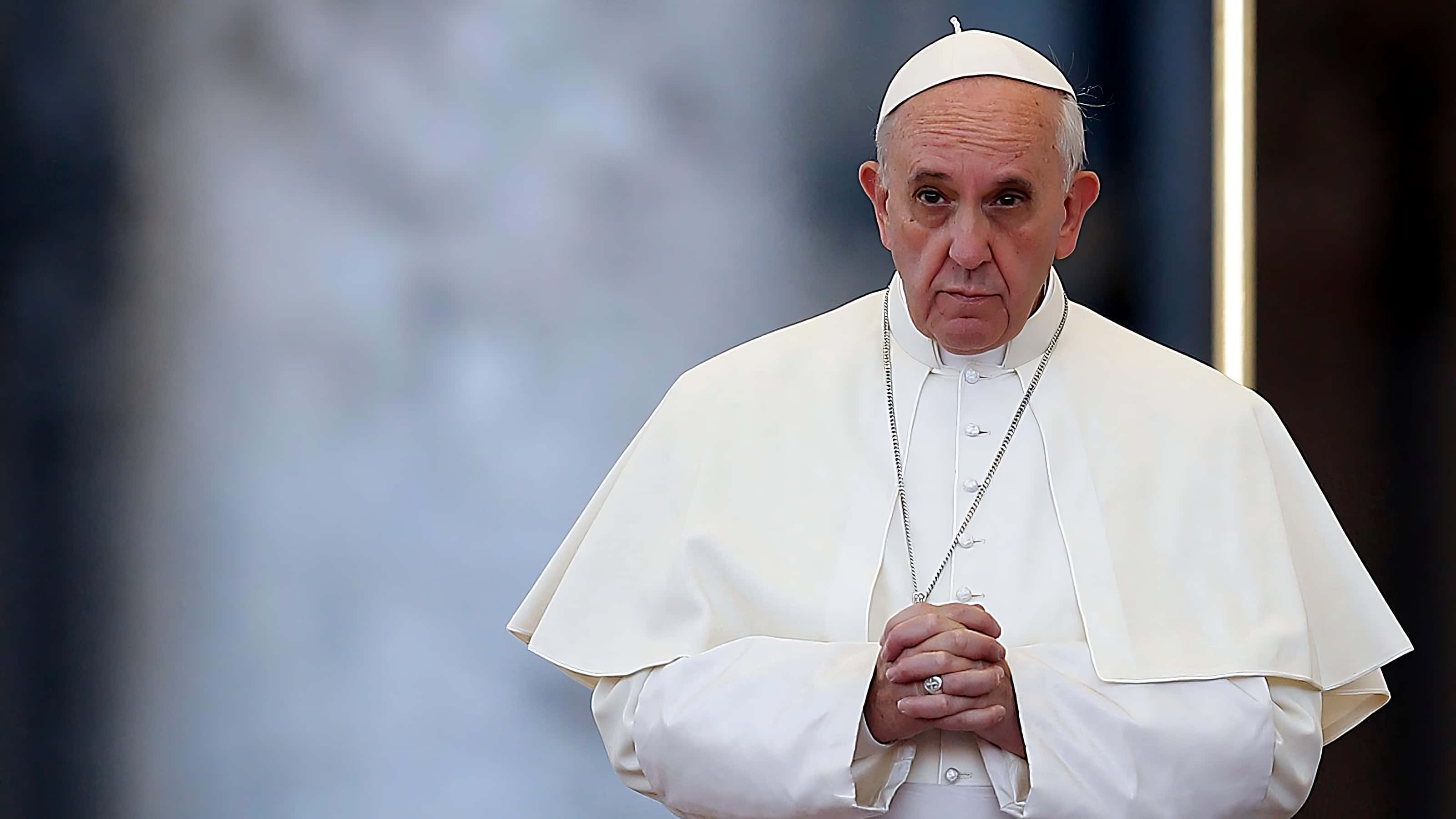 Pope Francis, white papal robes, hands clasped, 2K Desktop Wallpaper