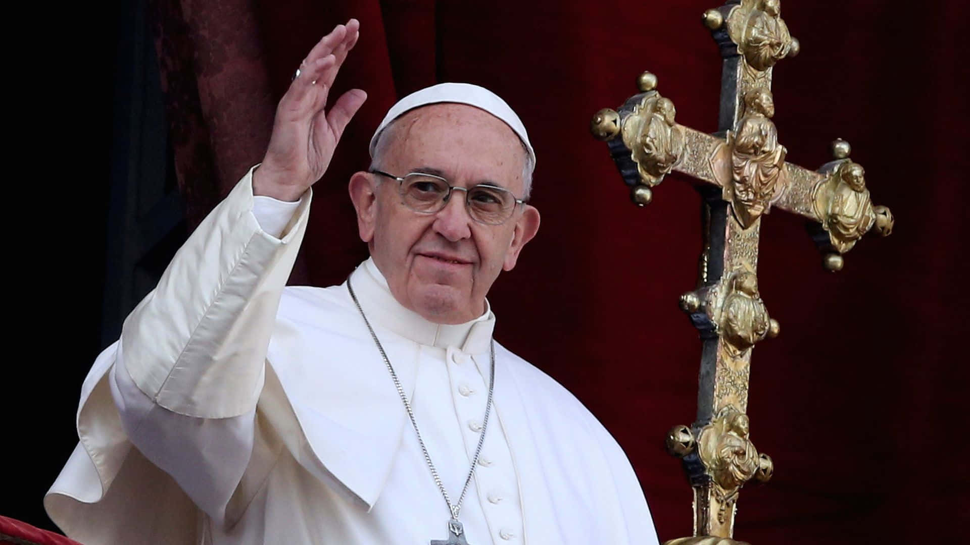 Pope Francis, golden cross, deep red curtain, Full HD Desktop Wallpaper