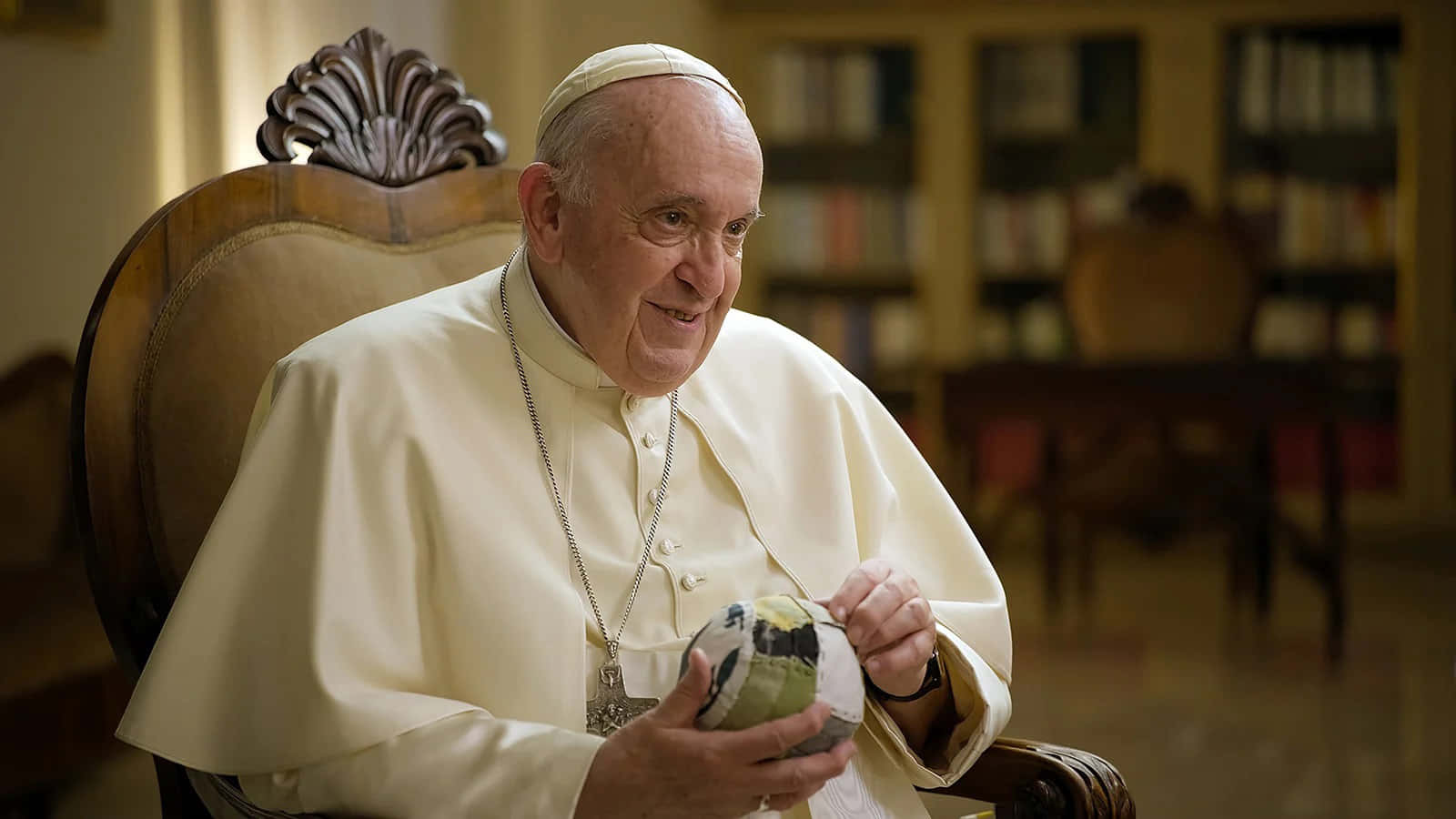 Pope Francis, soccer ball, sunlit library, HD Desktop Wallpaper