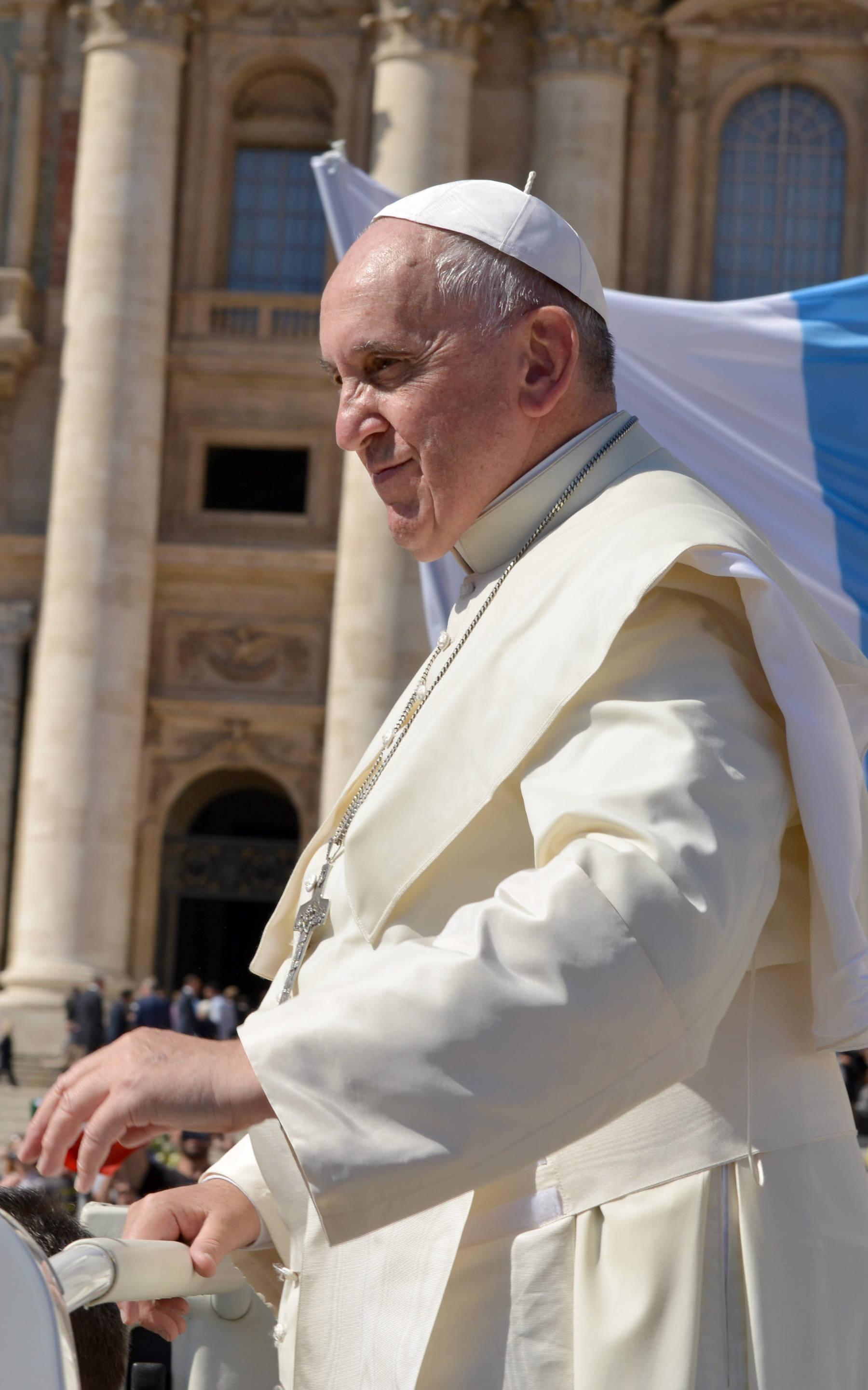 Pope Francis, white papal robes, grand stone cathedral, 2K Phone Wallpaper