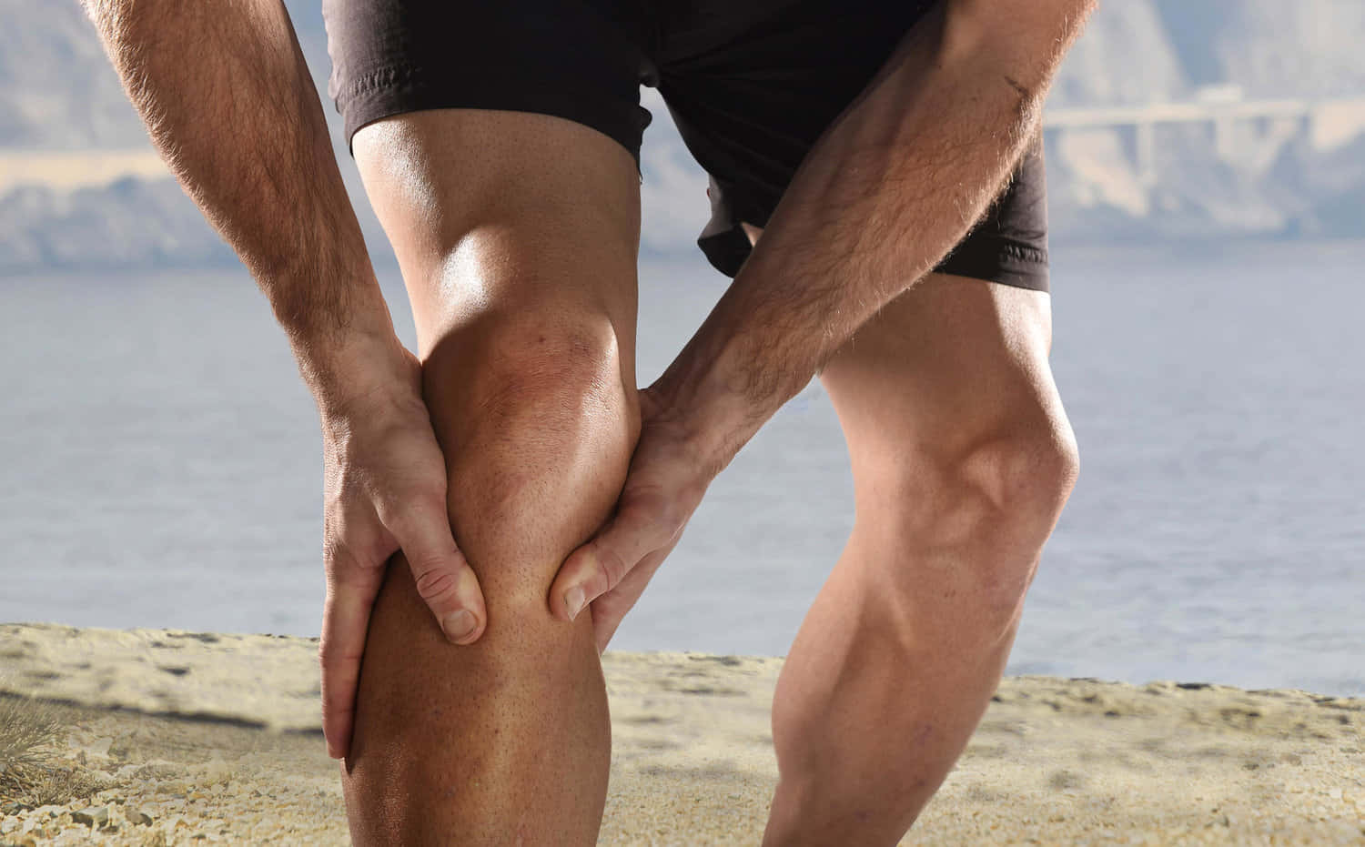 black shorts, rocky beach, bridge, HD Desktop Wallpaper