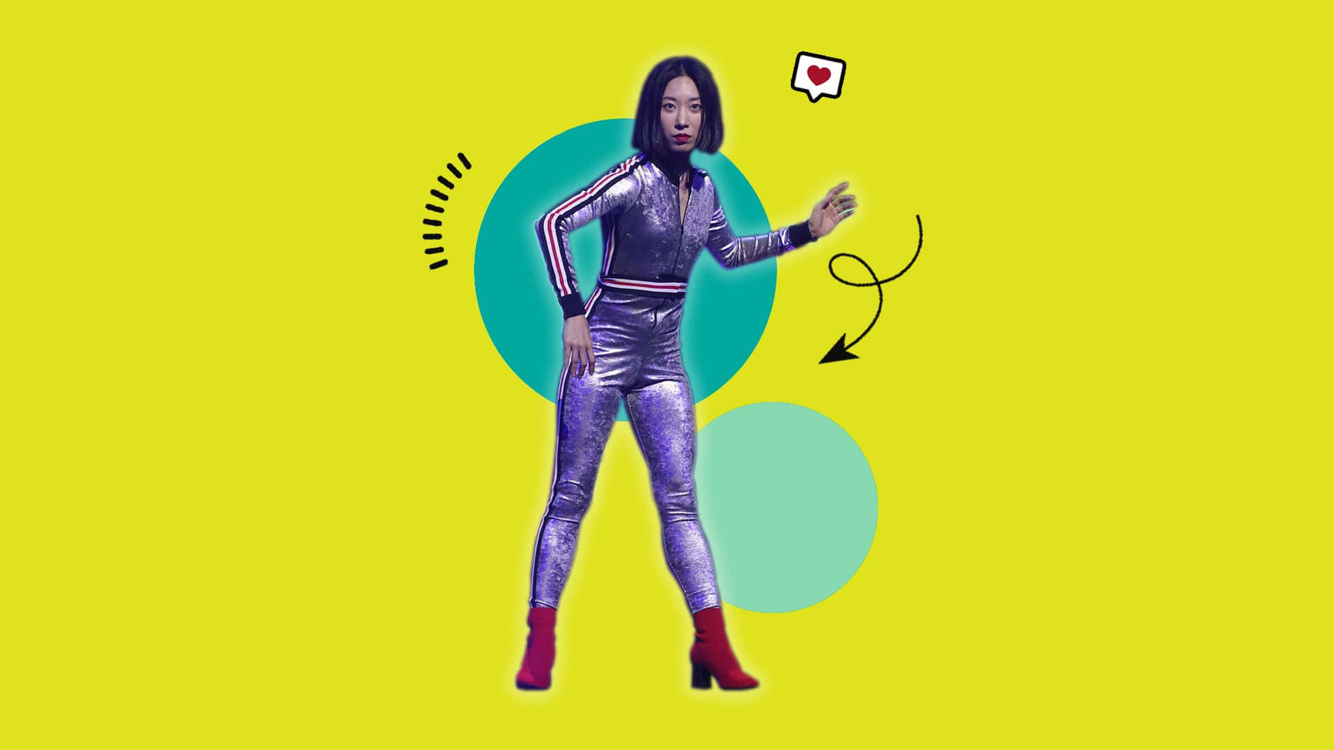 shiny purple tracksuit, red boots, bright yellow background, Full HD Desktop Wallpaper
