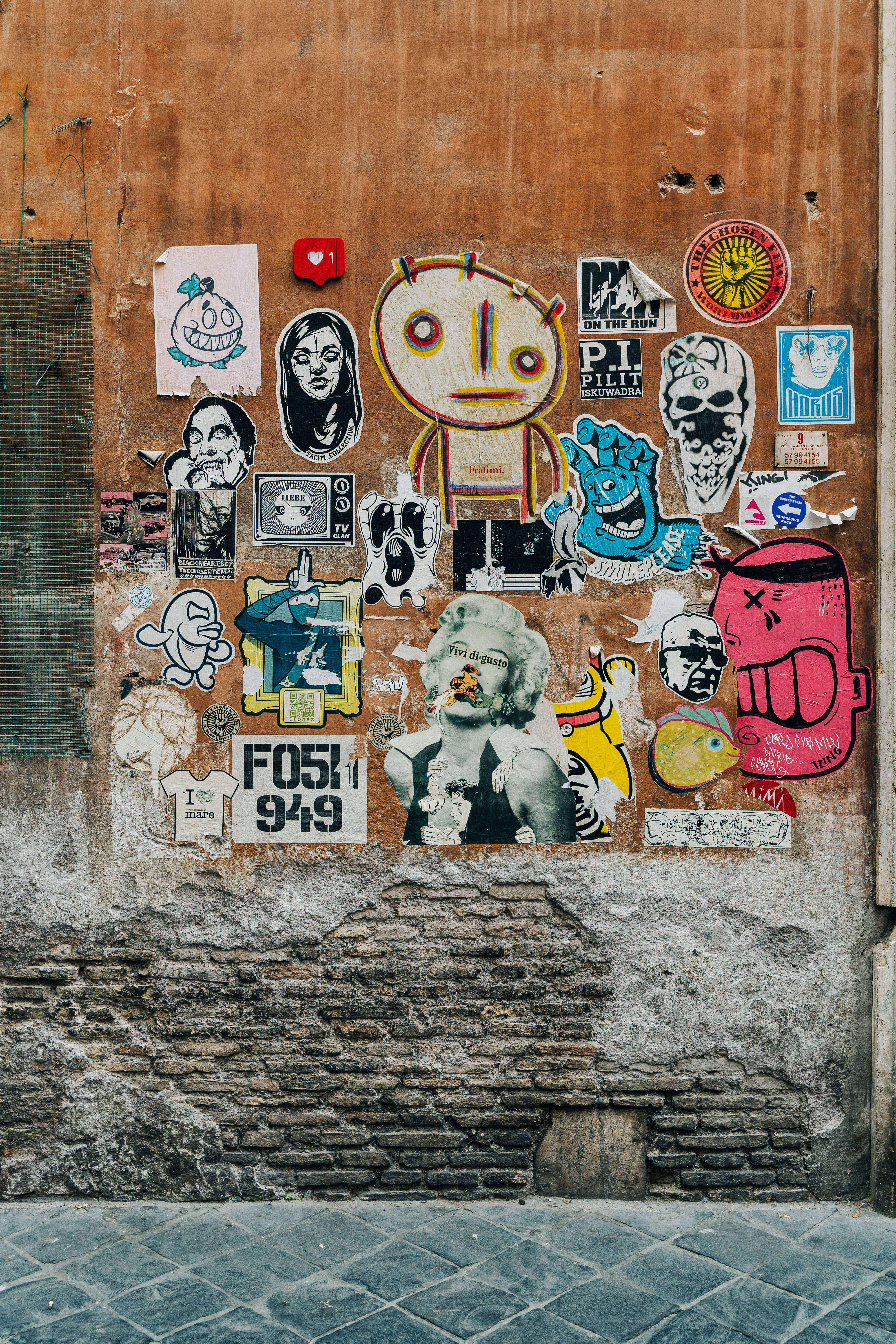 Pop Art Street Wall, weathered brick wall, colorful graffiti stickers, 5K Phone Wallpaper