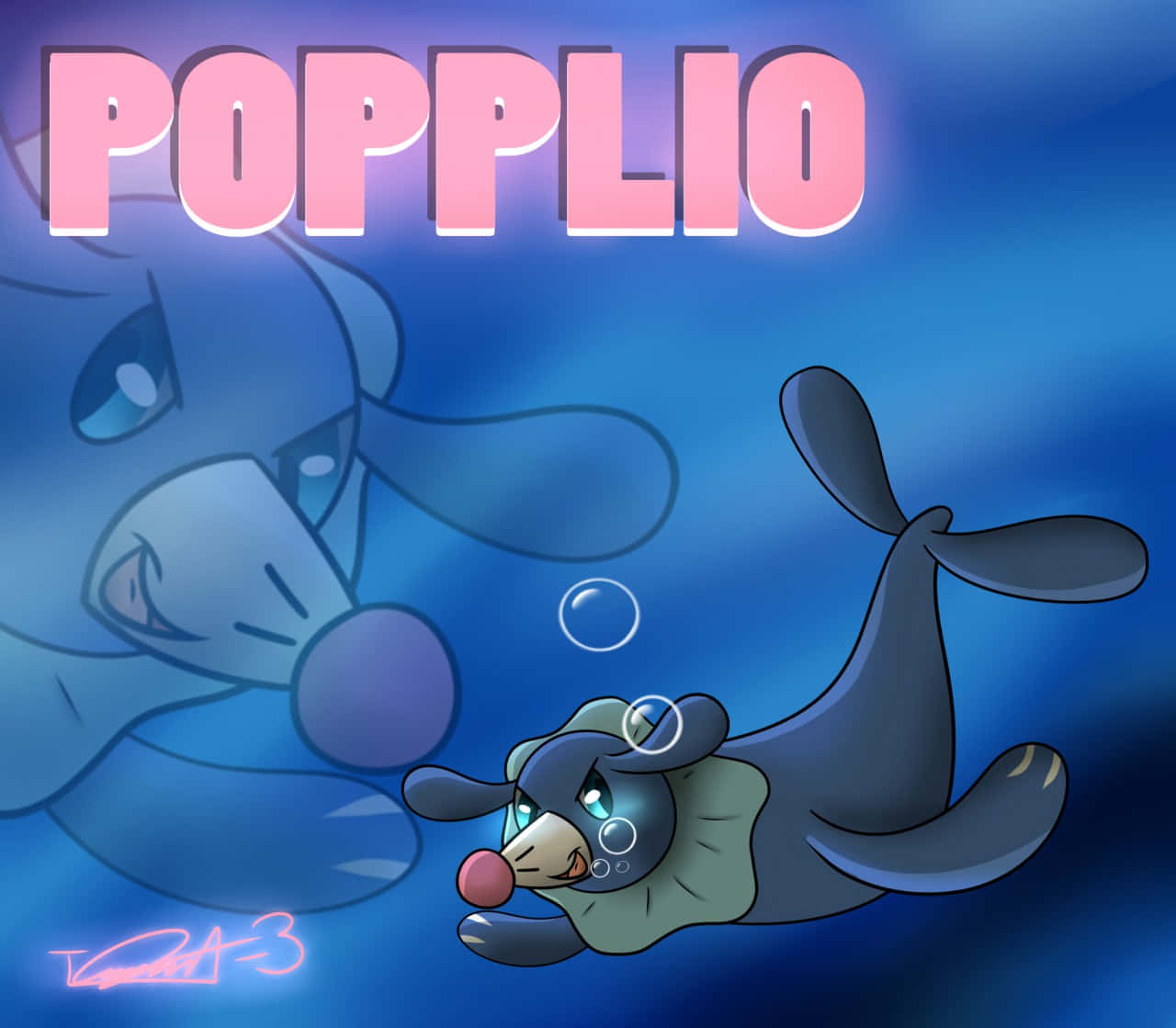 Popplio, swimming underwater, bubbles rising, HD Desktop Wallpaper