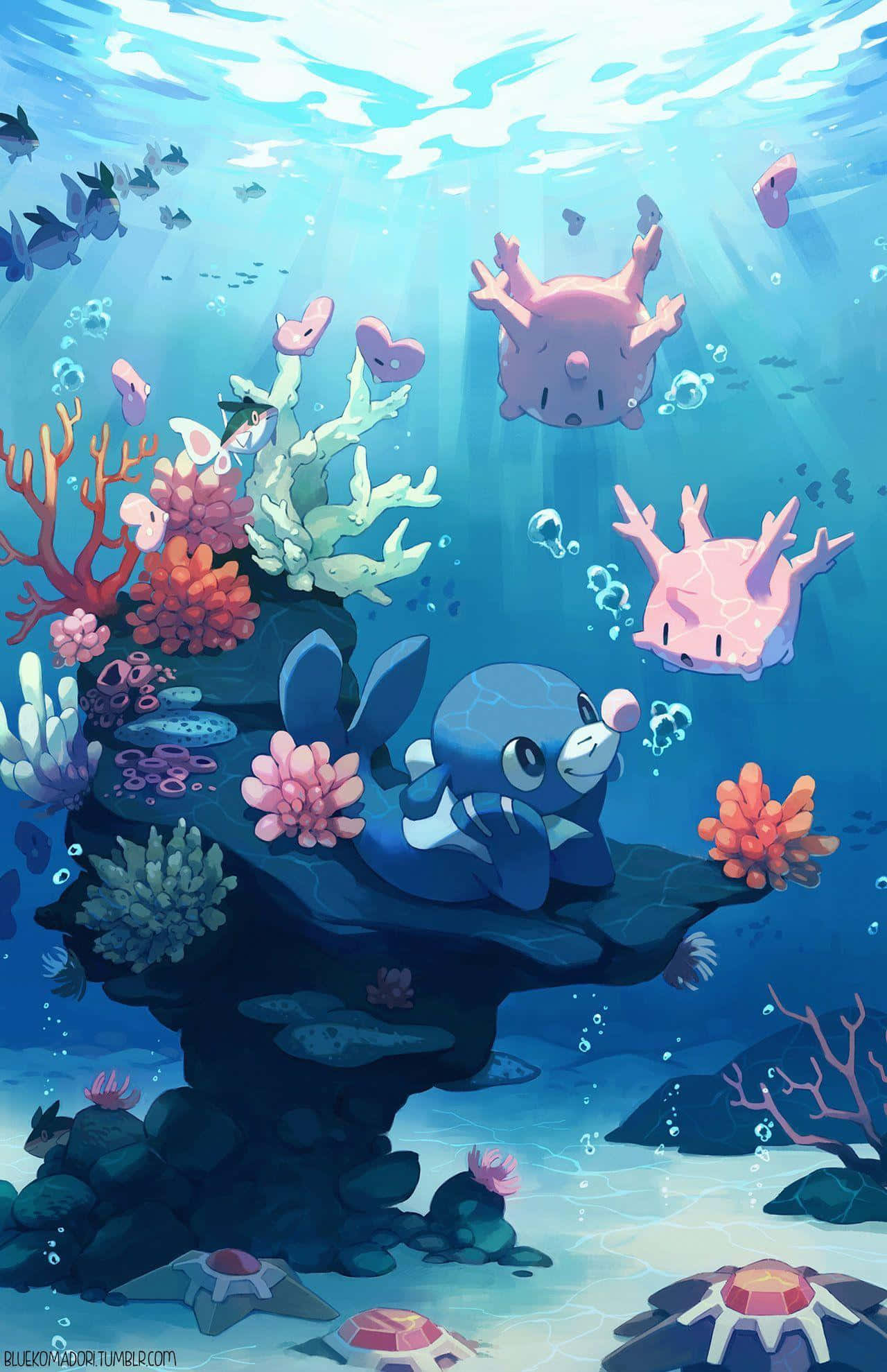 Popplio, blue cartoon dolphin, coral reef, Full HD Phone Wallpaper