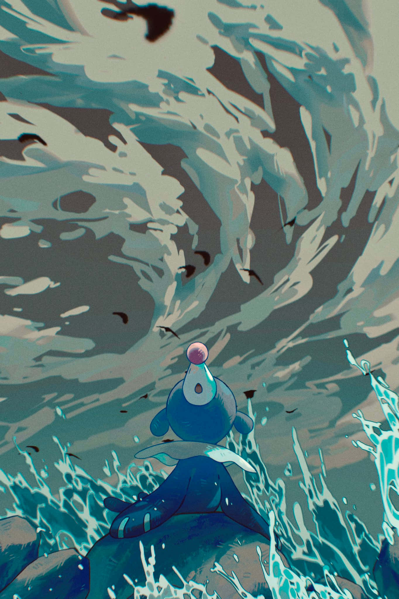 Popplio, blue cartoon seal, massive swirling wave, Full HD Phone Wallpaper
