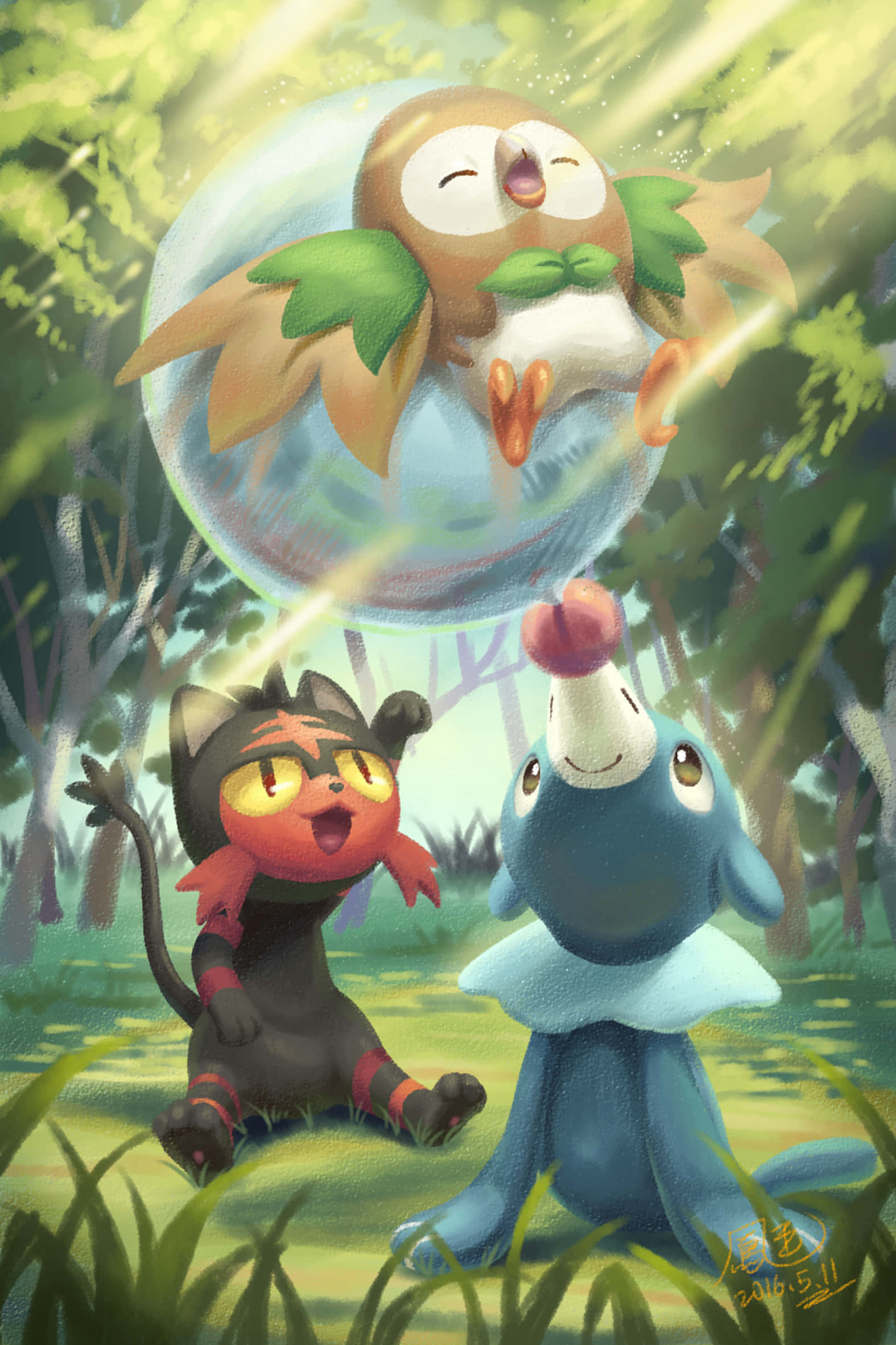Popplio, glowing bubble, joyful owl-like creature, Full HD Phone Wallpaper