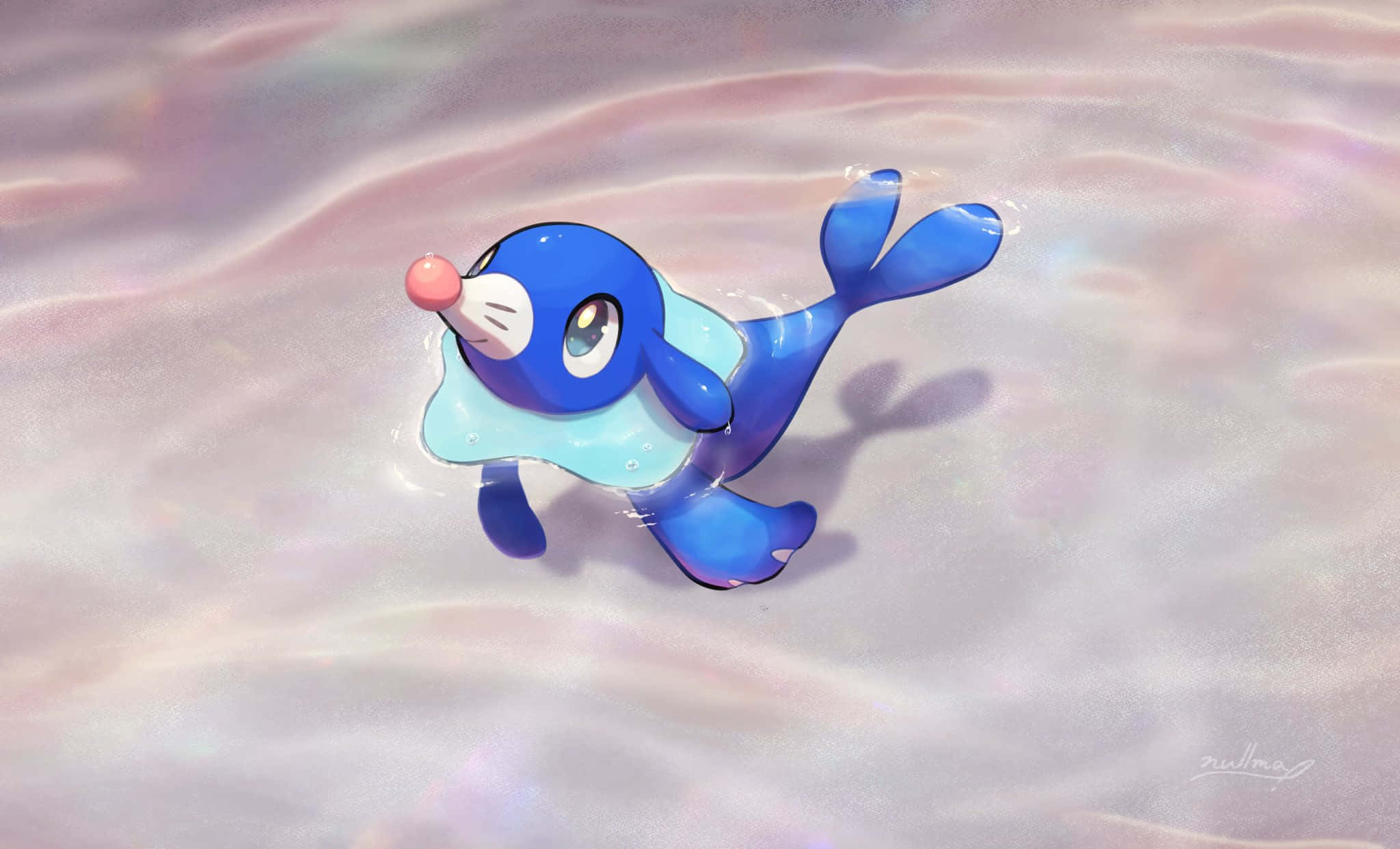 Popplio, blue cartoon seal, iridescent water, Full HD Desktop Wallpaper