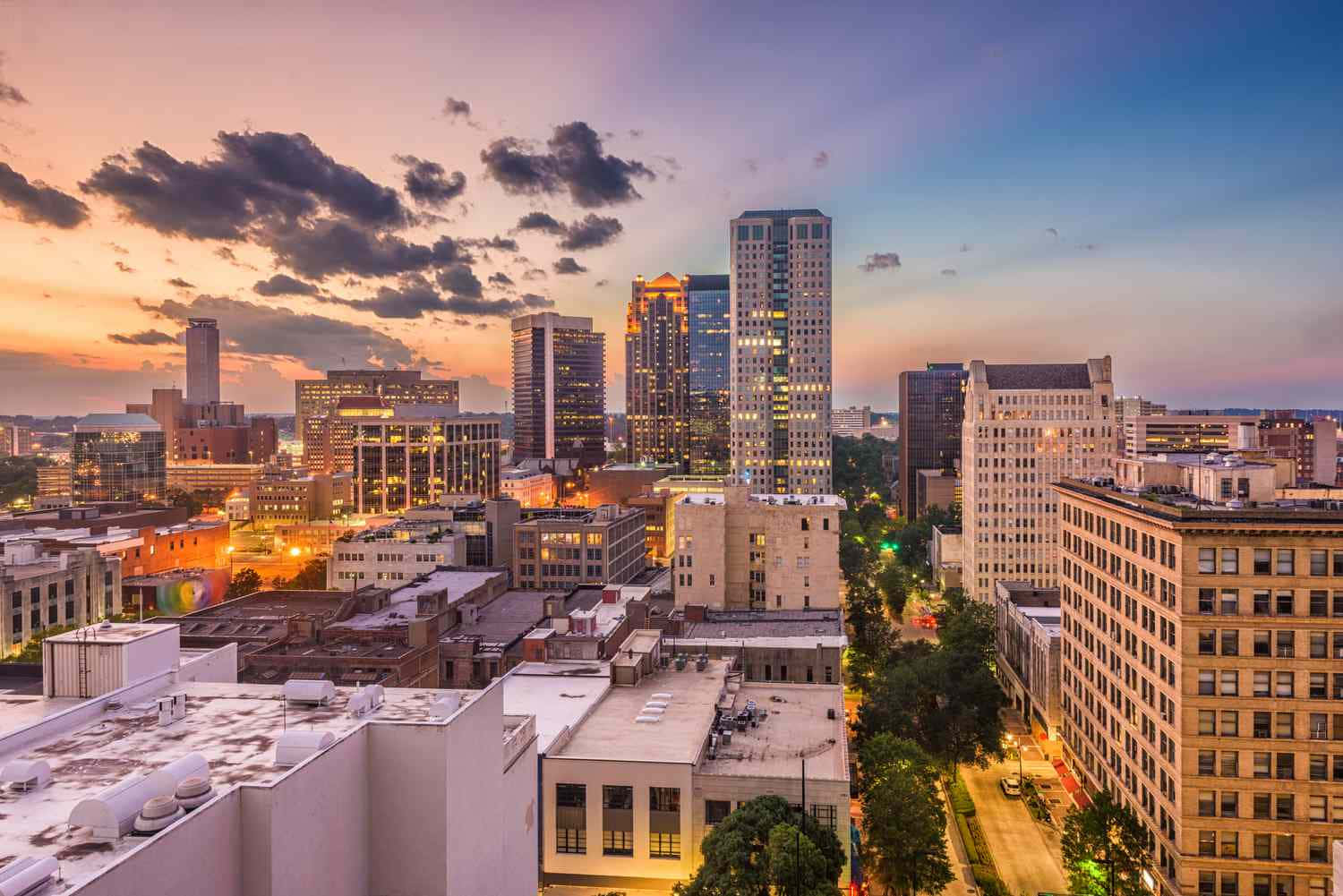 Montgomery skyline, vibrant sunset, purple orange sky, HD Desktop Wallpaper