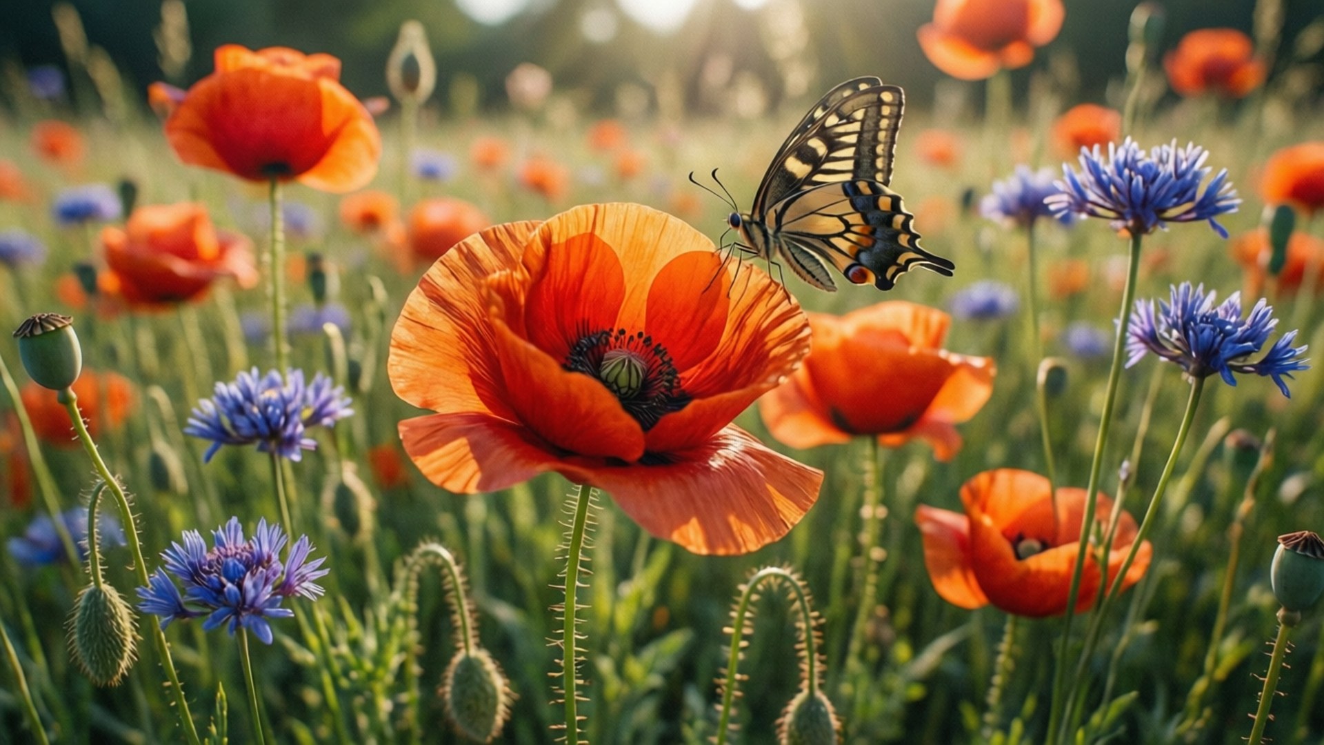 orange poppy, black and yellow butterfly, blue cornflowers, Full HD Desktop Wallpaper