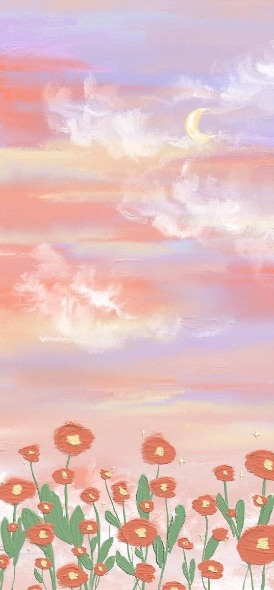 orange poppies, twilight, crescent moon, SD Phone Wallpaper