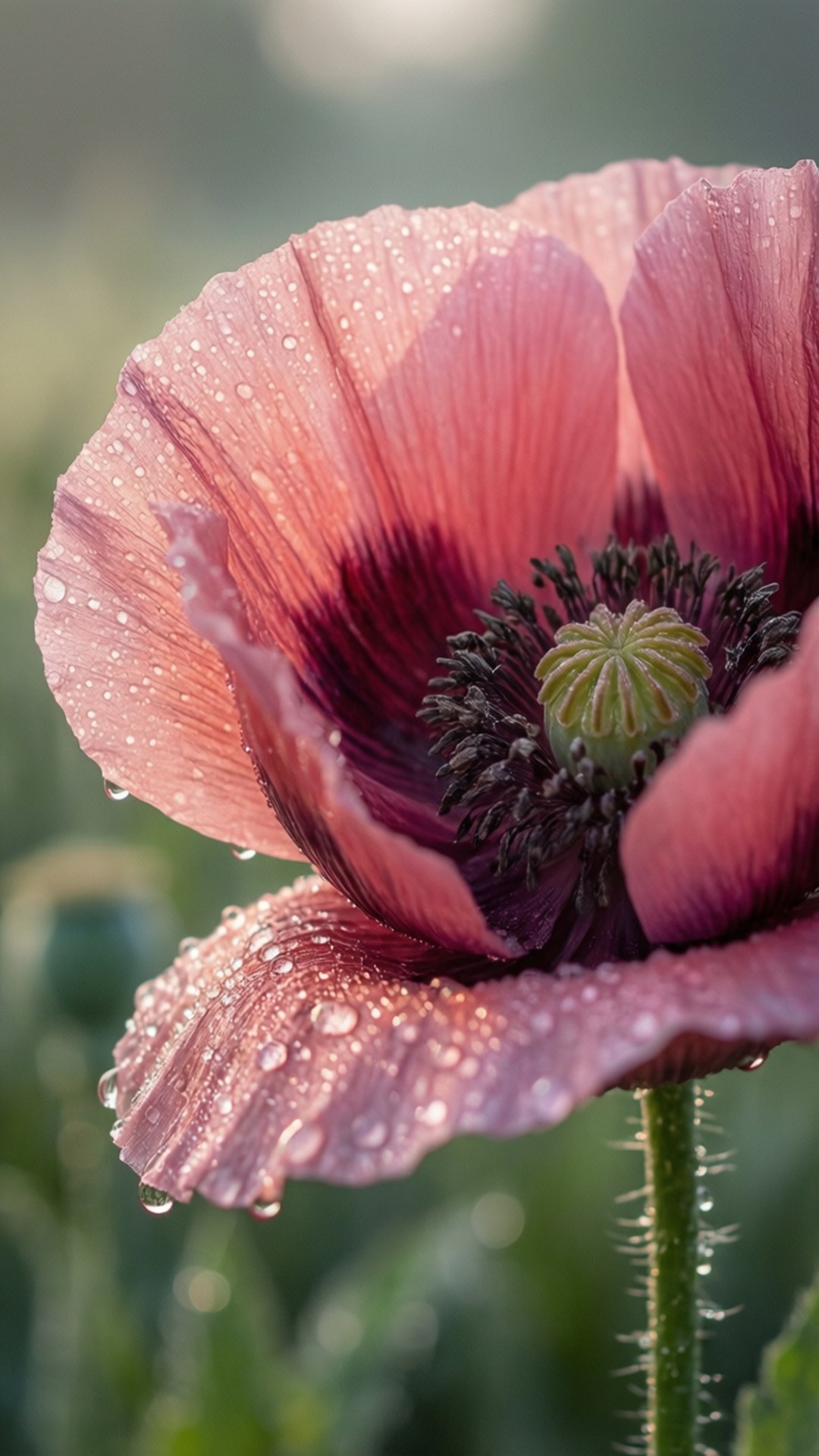 dewy pink poppy, pink poppy, dew drops, Full HD Phone Wallpaper