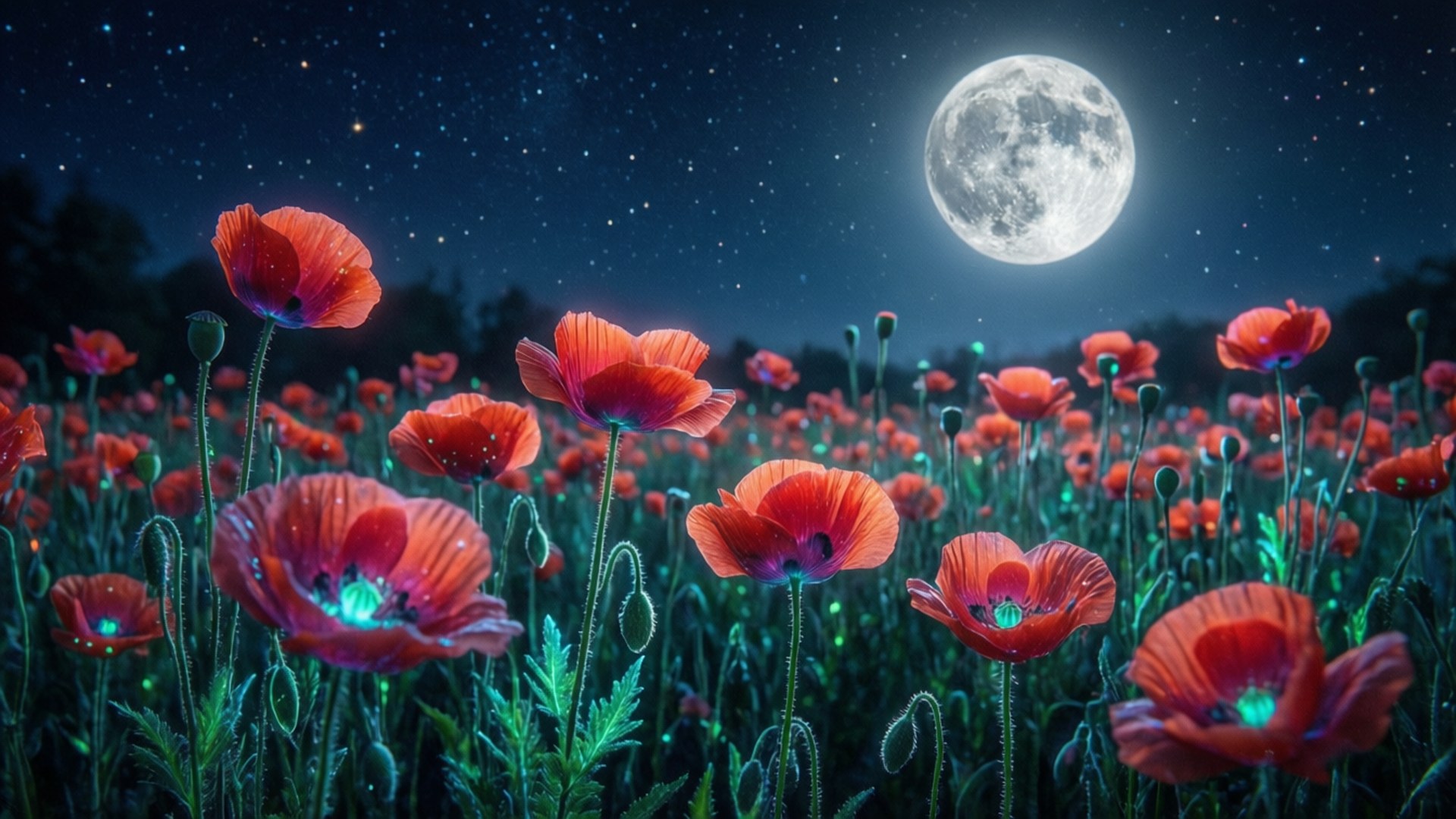 Starry Poppy Night, glowing red poppies, full moon, Full HD Desktop Wallpaper