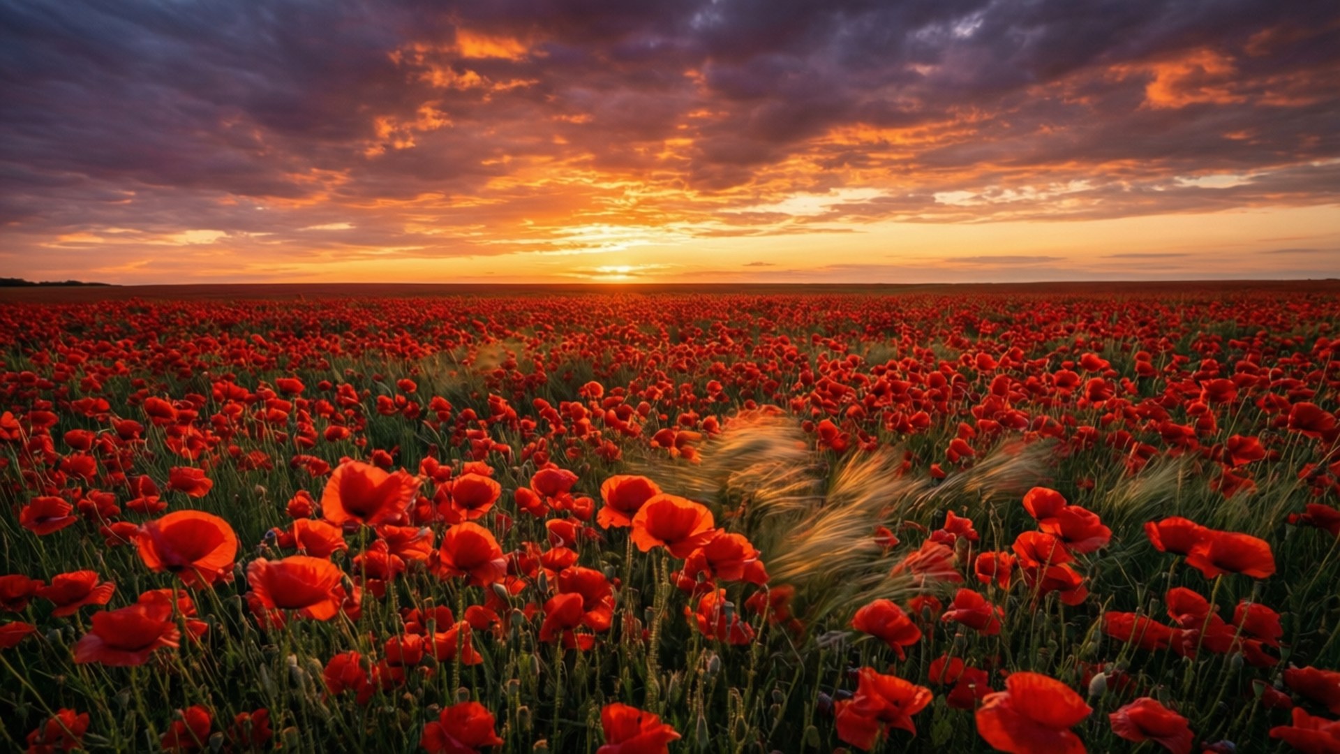 sunset, poppy field, vibrant red poppies, Full HD Desktop Wallpaper