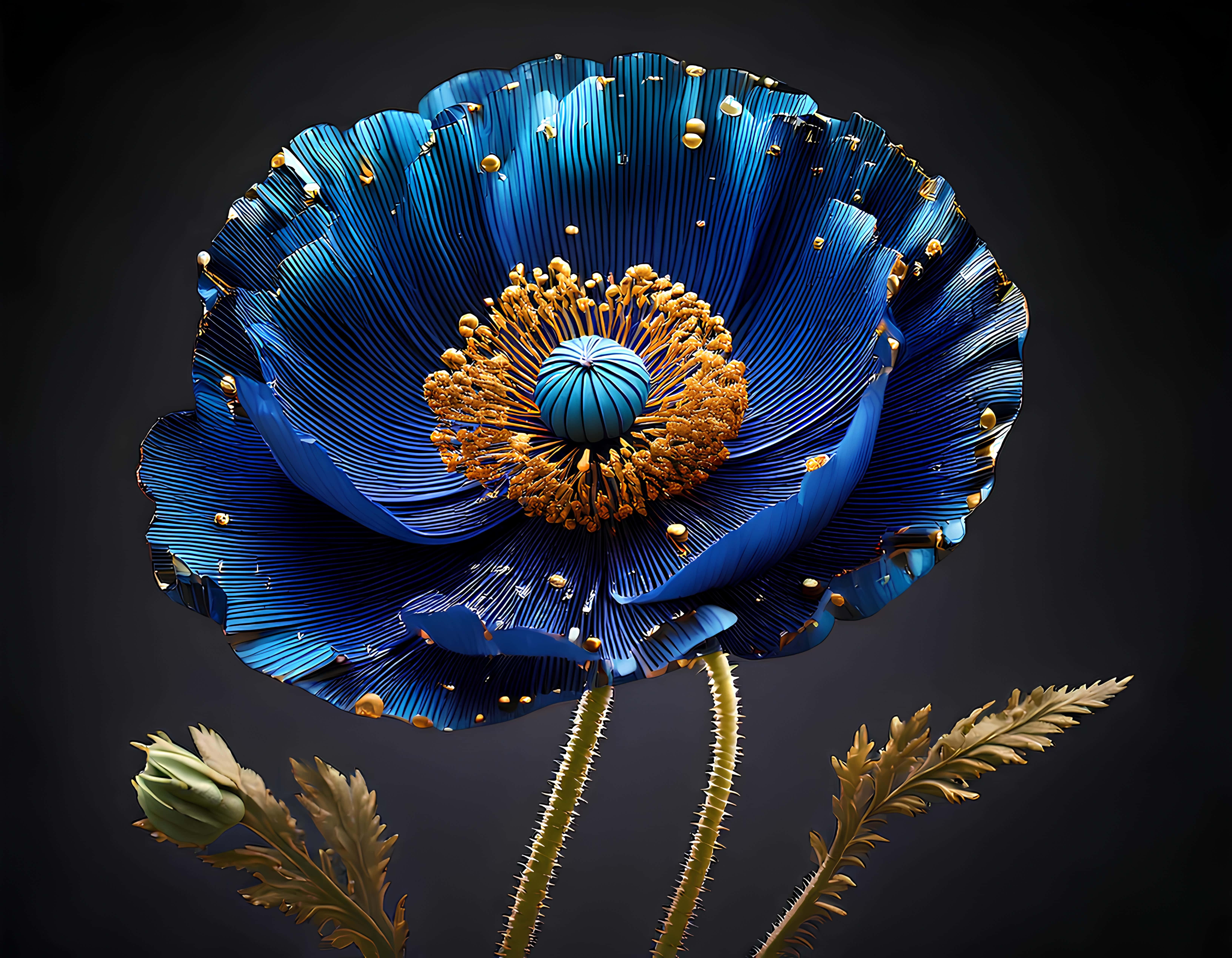 blue poppy, golden stamens, metallic sheen, 5K Desktop Wallpaper