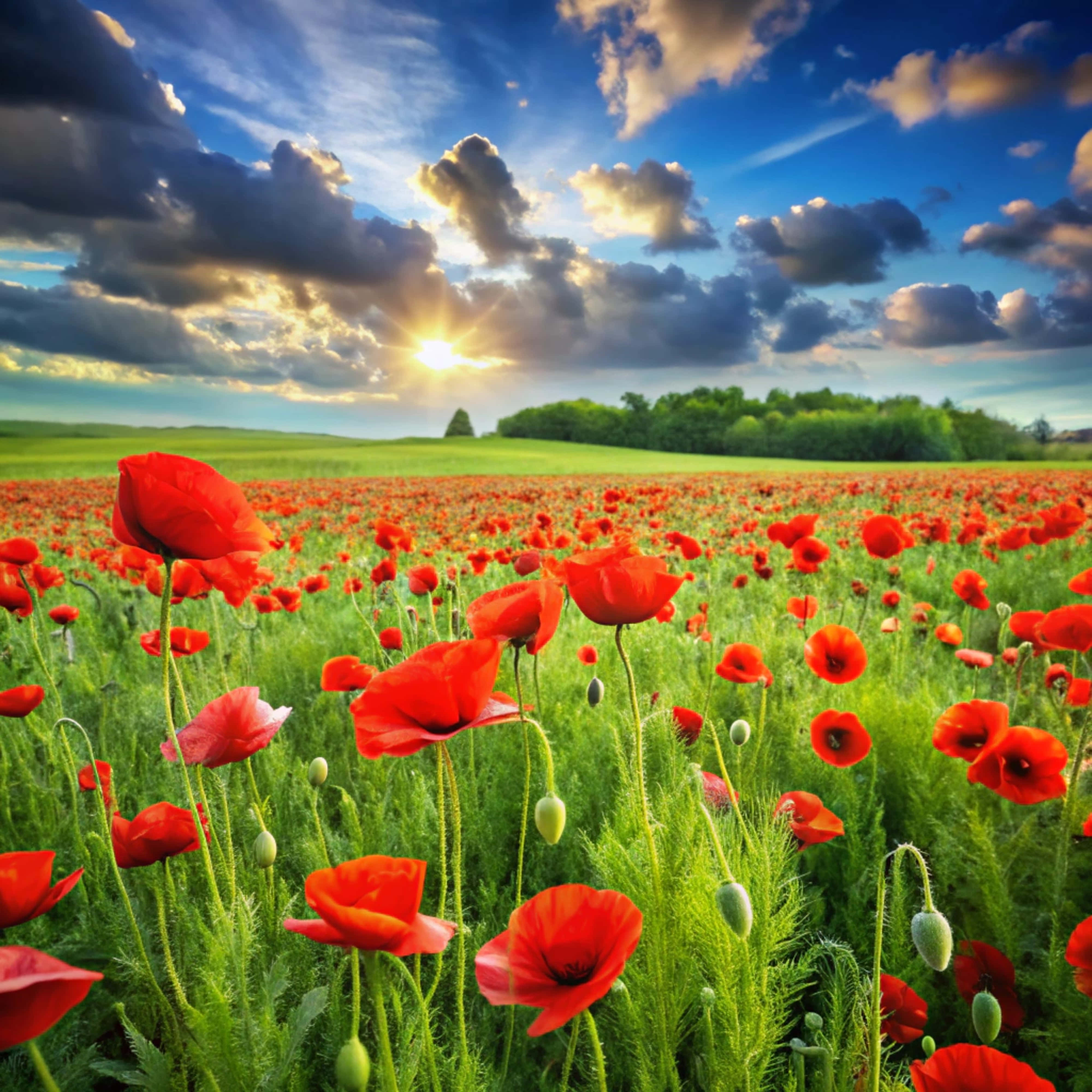 red poppies, lush green field, dramatic sky, 4K Desktop Wallpaper