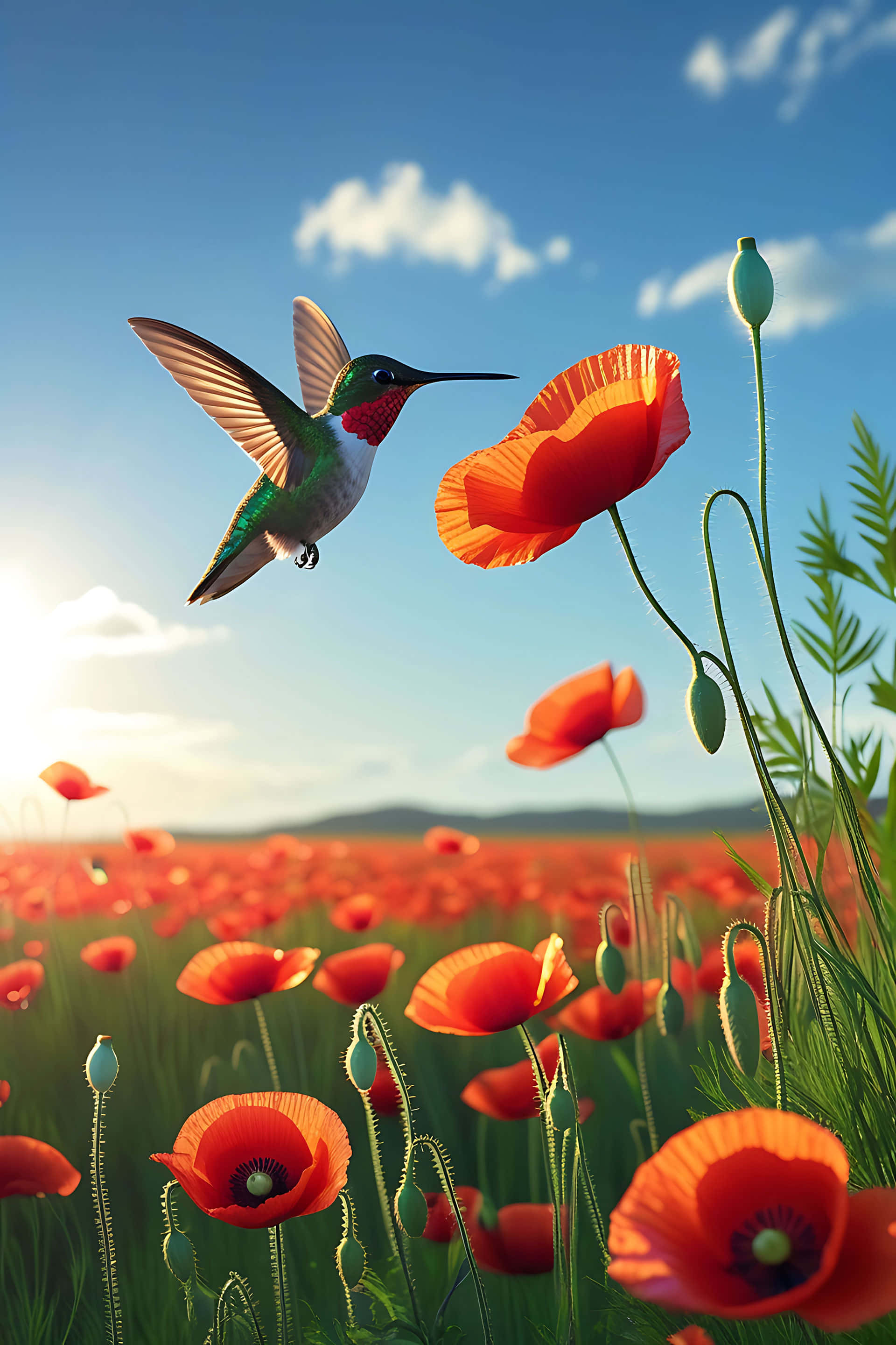 hummingbird, vibrant red poppy, sunlit field, 2K Phone Wallpaper