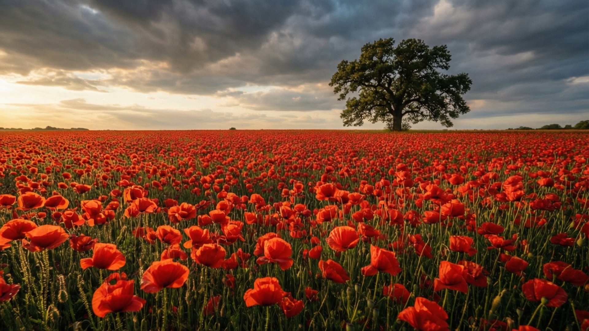 endless red poppies, majestic oak tree, vibrant red poppies, Full HD Desktop Wallpaper