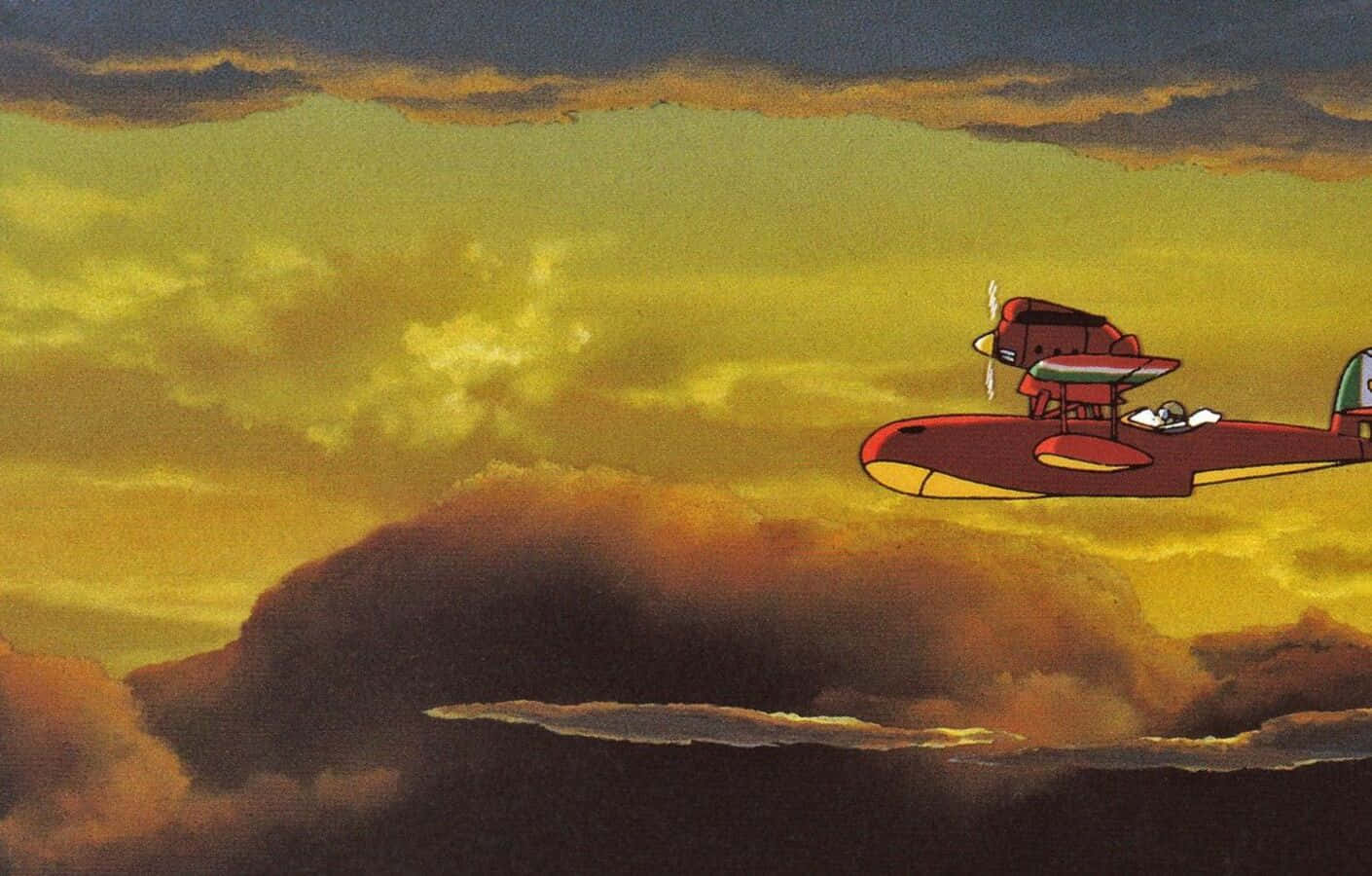 Porco Rosso, red seaplane, golden clouds, HD Desktop Wallpaper
