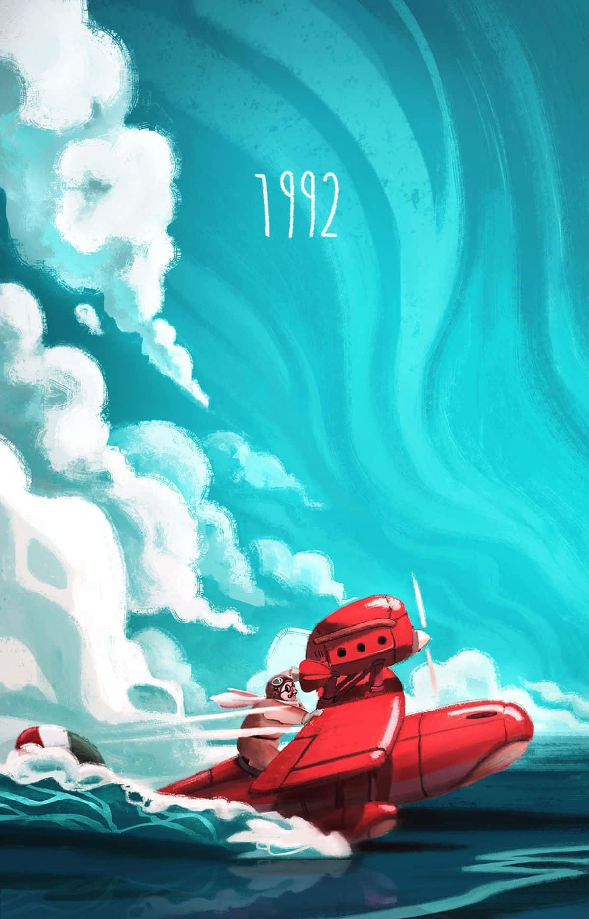 Porco Rosso, red seaplane, turquoise waves, HD Phone Wallpaper