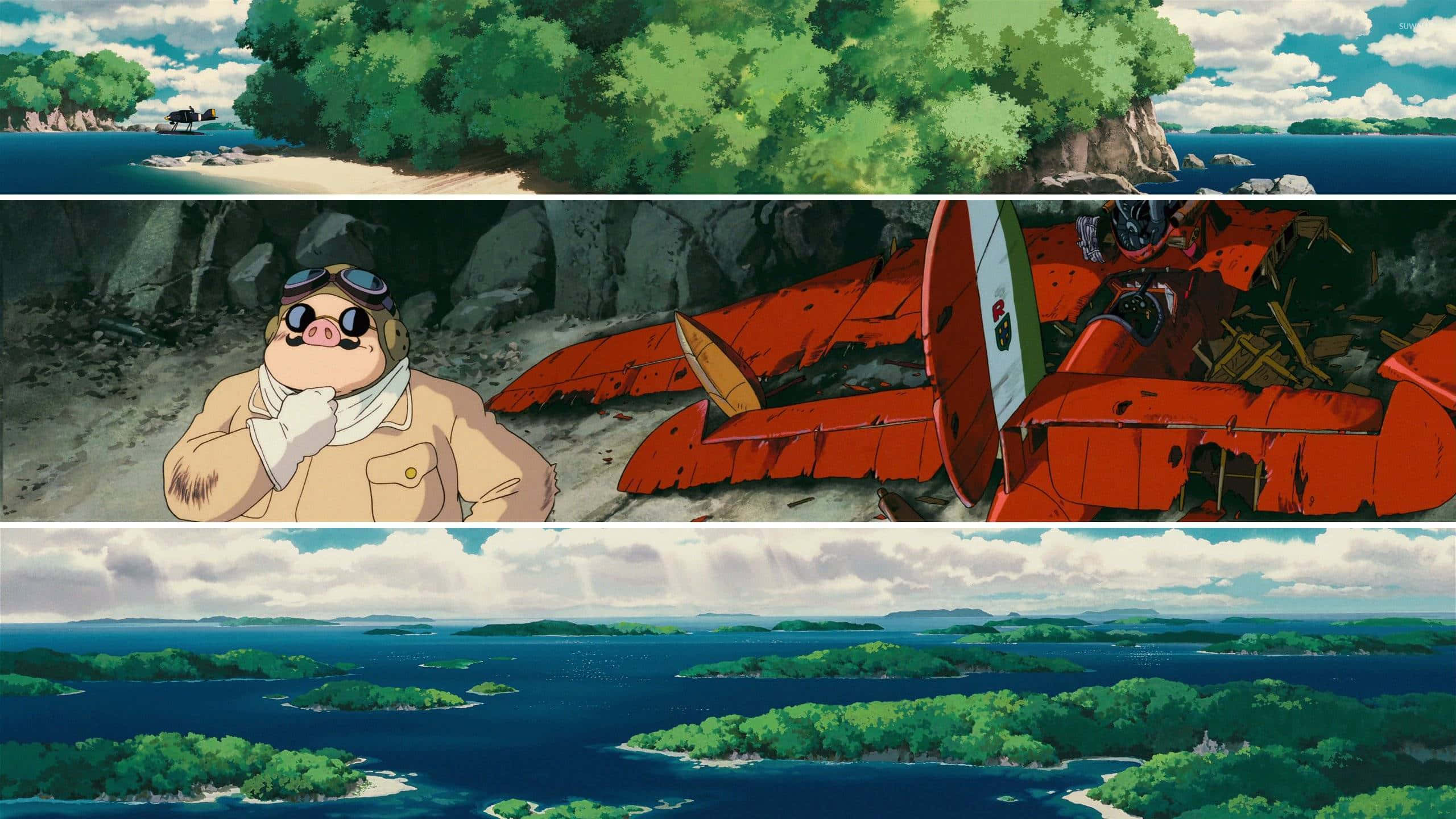 Porco Rosso, red plane, rocky shore, 2K Desktop Wallpaper