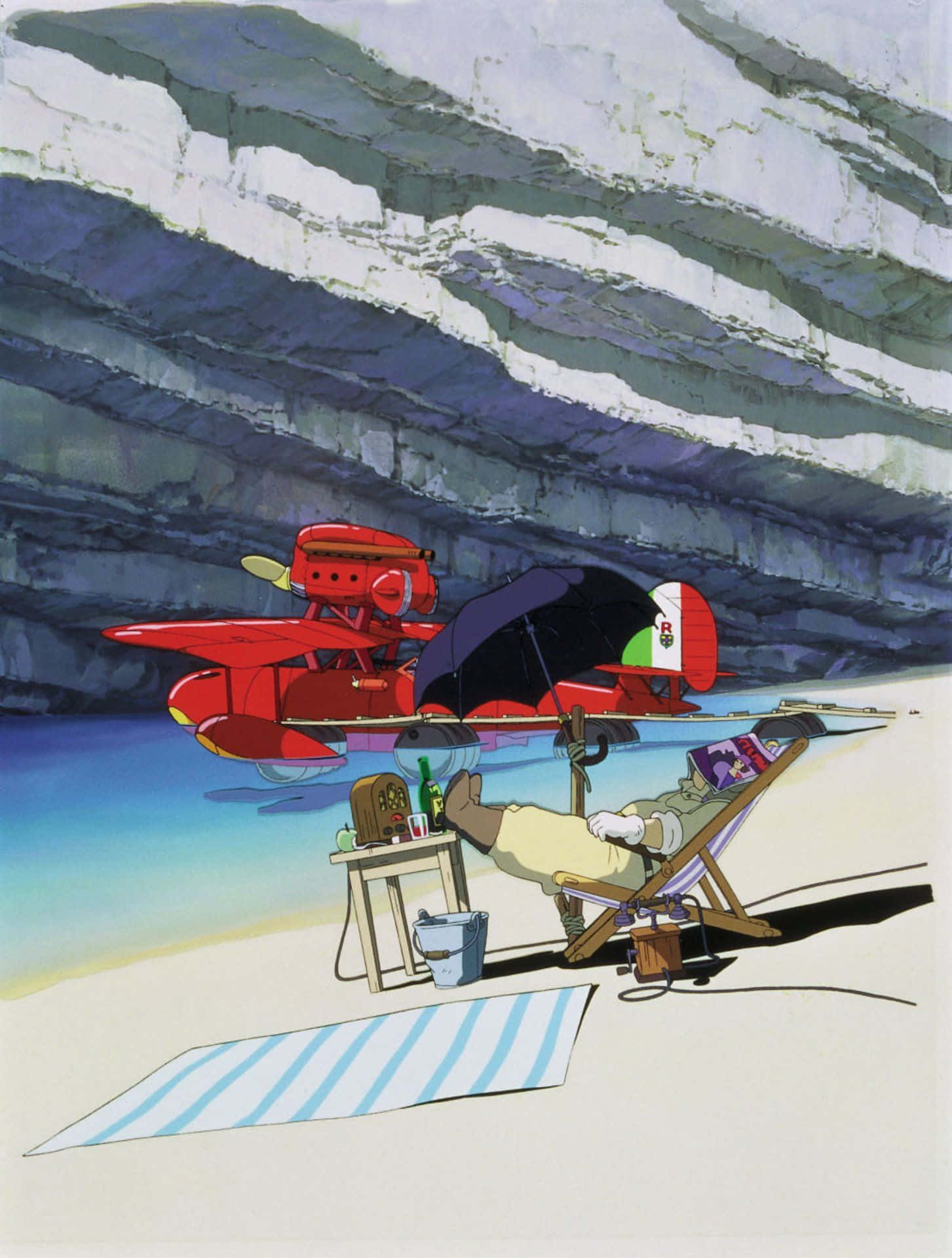 Porco Rosso, red seaplane, calm blue water, Full HD Phone Wallpaper