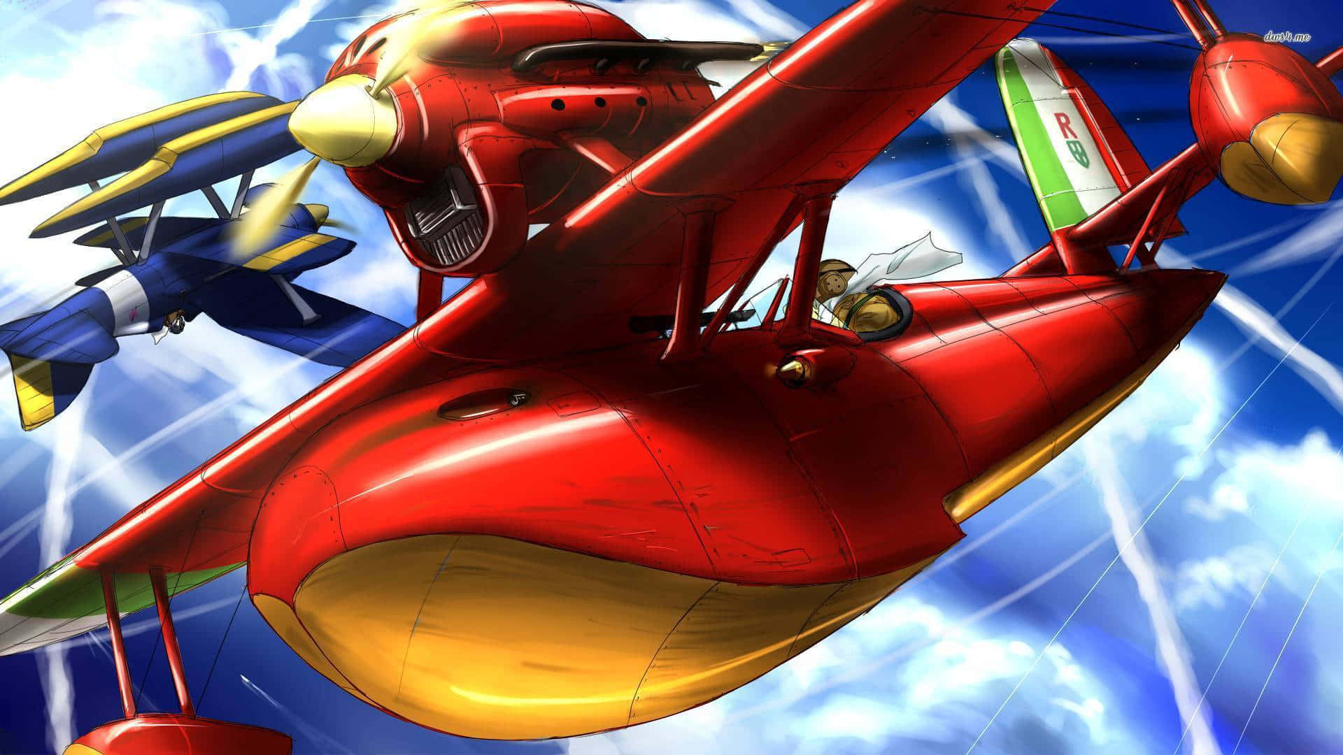 Porco Rosso, red biplane, yellow accents, Full HD Desktop Wallpaper