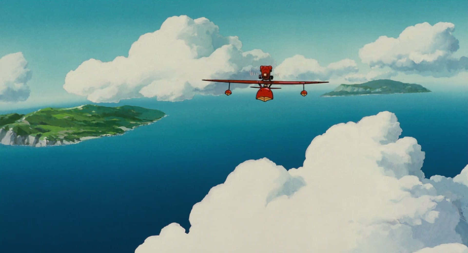 Porco Rosso, red biplane, fluffy white clouds, Full HD Desktop Wallpaper