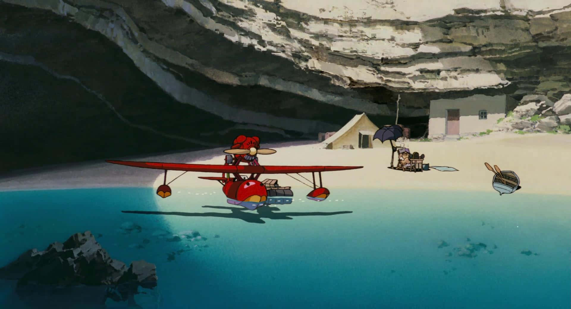 Porco Rosso, red seaplane, turquoise water, Full HD Desktop Wallpaper