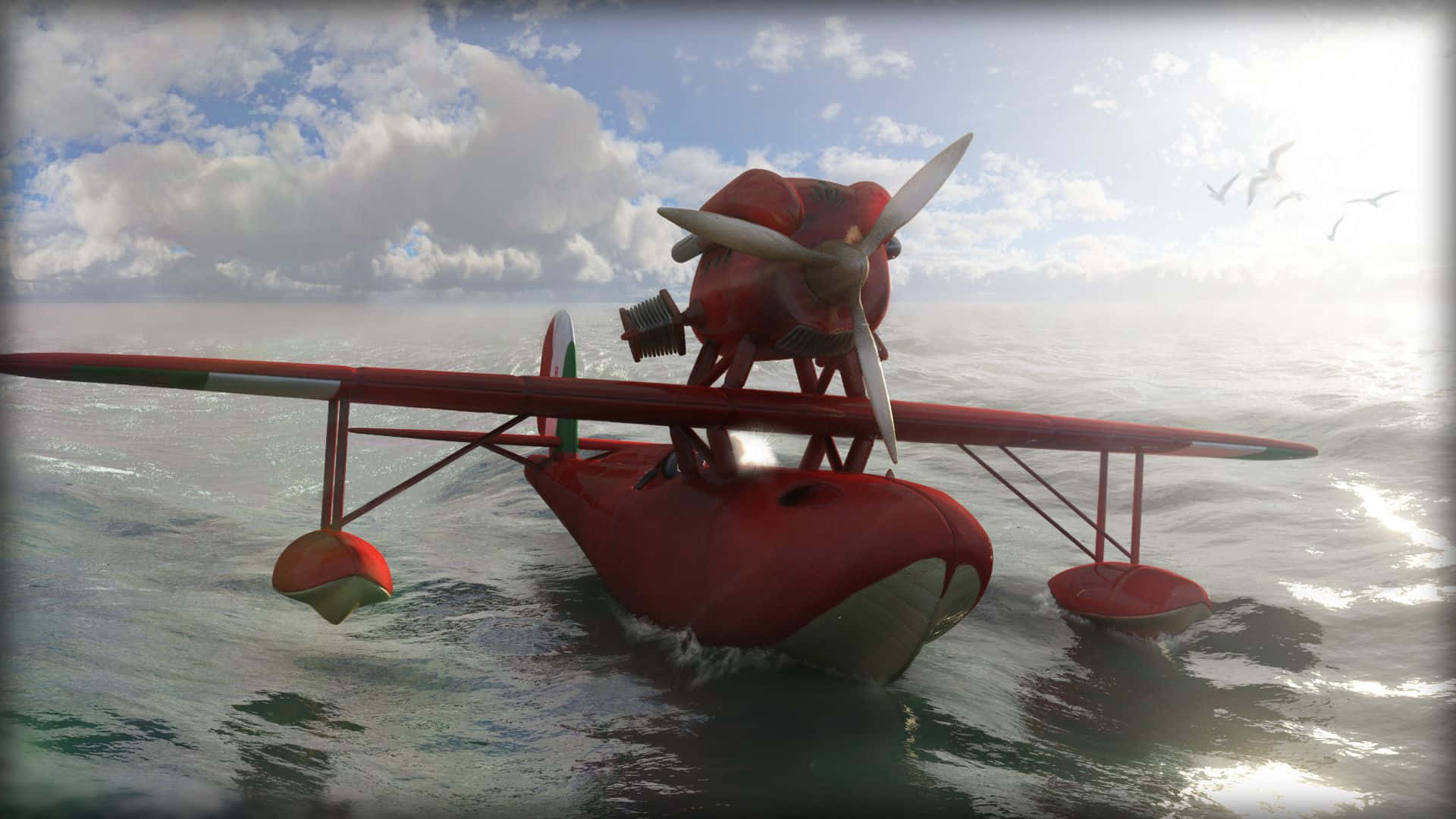 Porco Rosso, red seaplane, green accents, Full HD Desktop Wallpaper