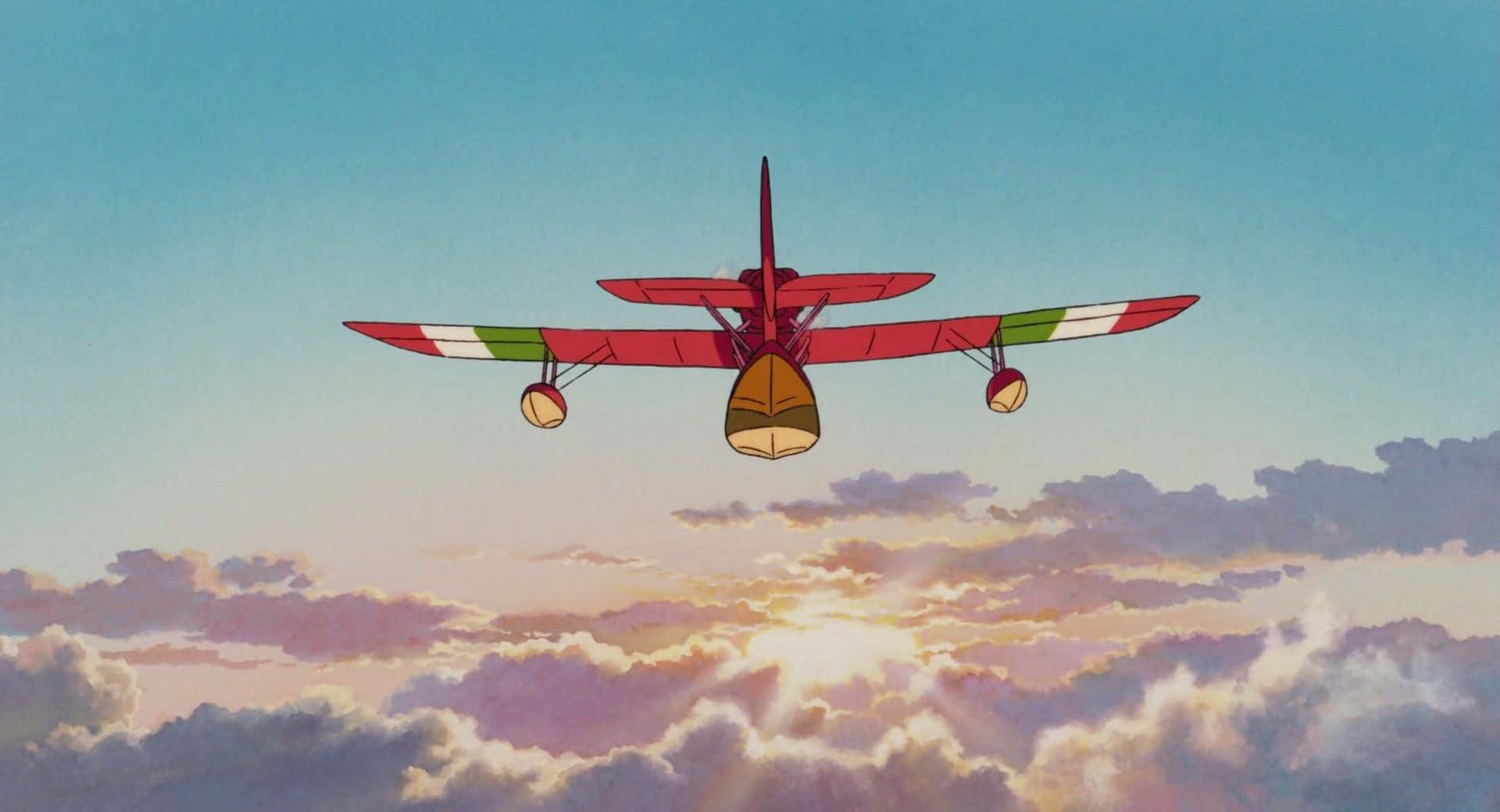 Porco Rosso, red biplane, green and white wings, Full HD Desktop Wallpaper