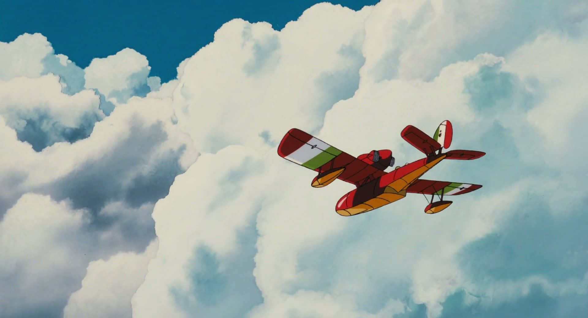 Porco Rosso, red biplane, green and white markings, Full HD Desktop Wallpaper