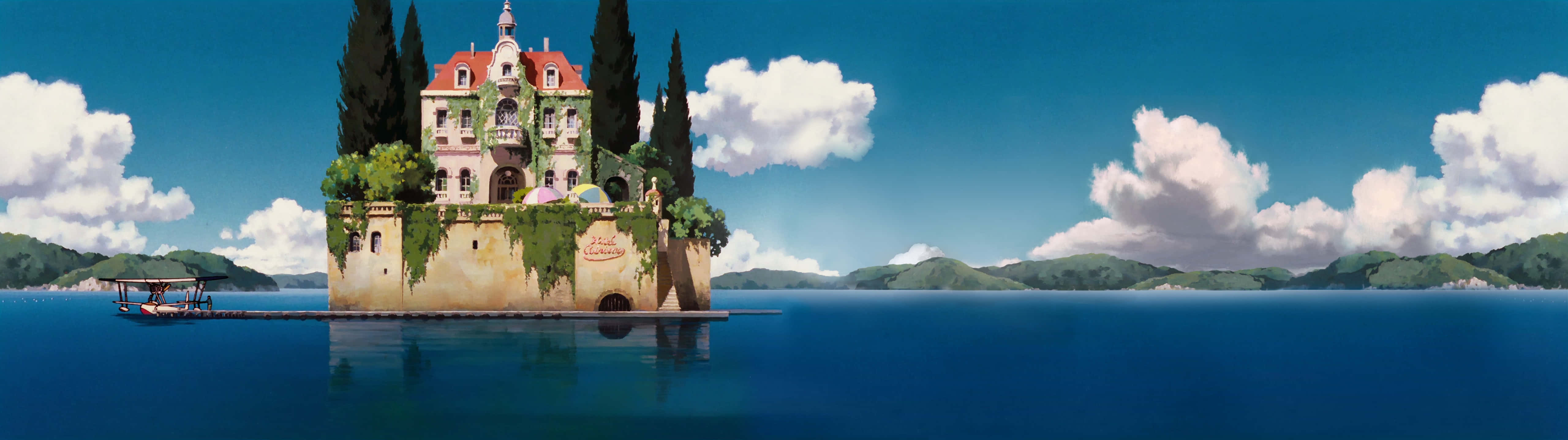 Porco Rosso, seaplane, European-style mansion, 5K Desktop Wallpaper