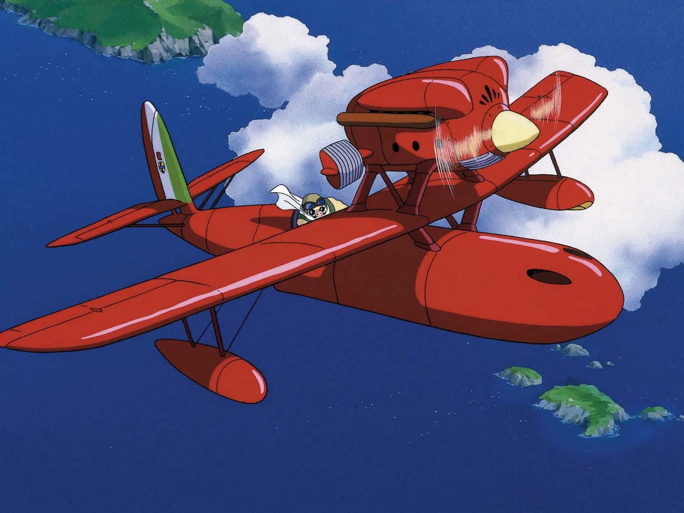 Porco Rosso, vibrant red biplane, bright blue sky, HD Desktop Wallpaper