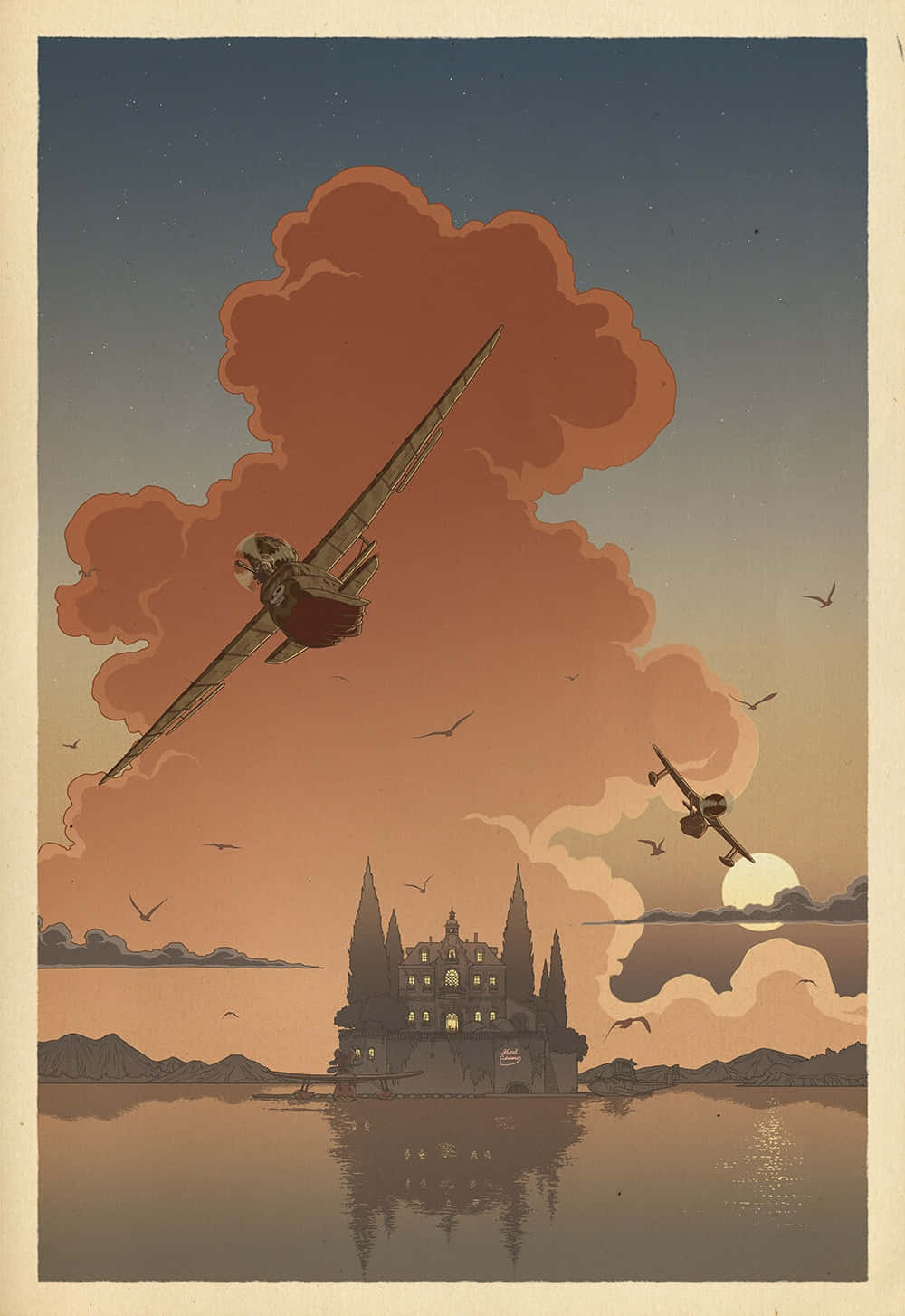 Porco Rosso, vintage airplane, fiery orange clouds, HD Phone Wallpaper