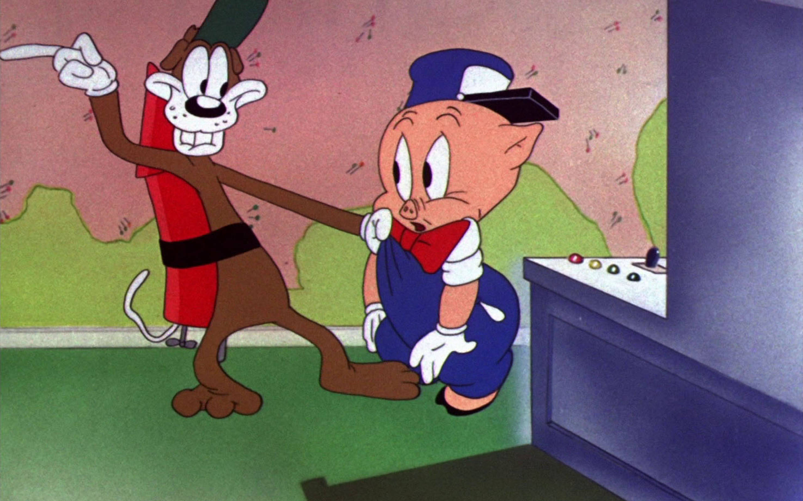 Porky Pig, red uniform, blue uniform, 2K Desktop Wallpaper