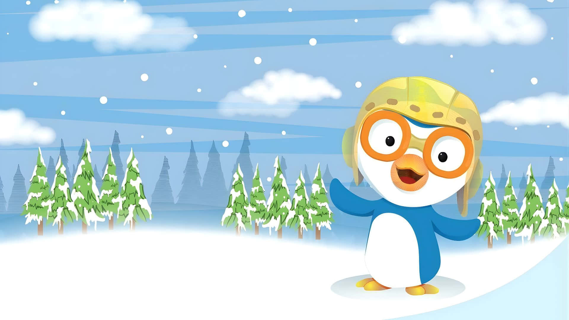 Pororo The Little Penguin, yellow helmet, orange goggles, Full HD Desktop Wallpaper