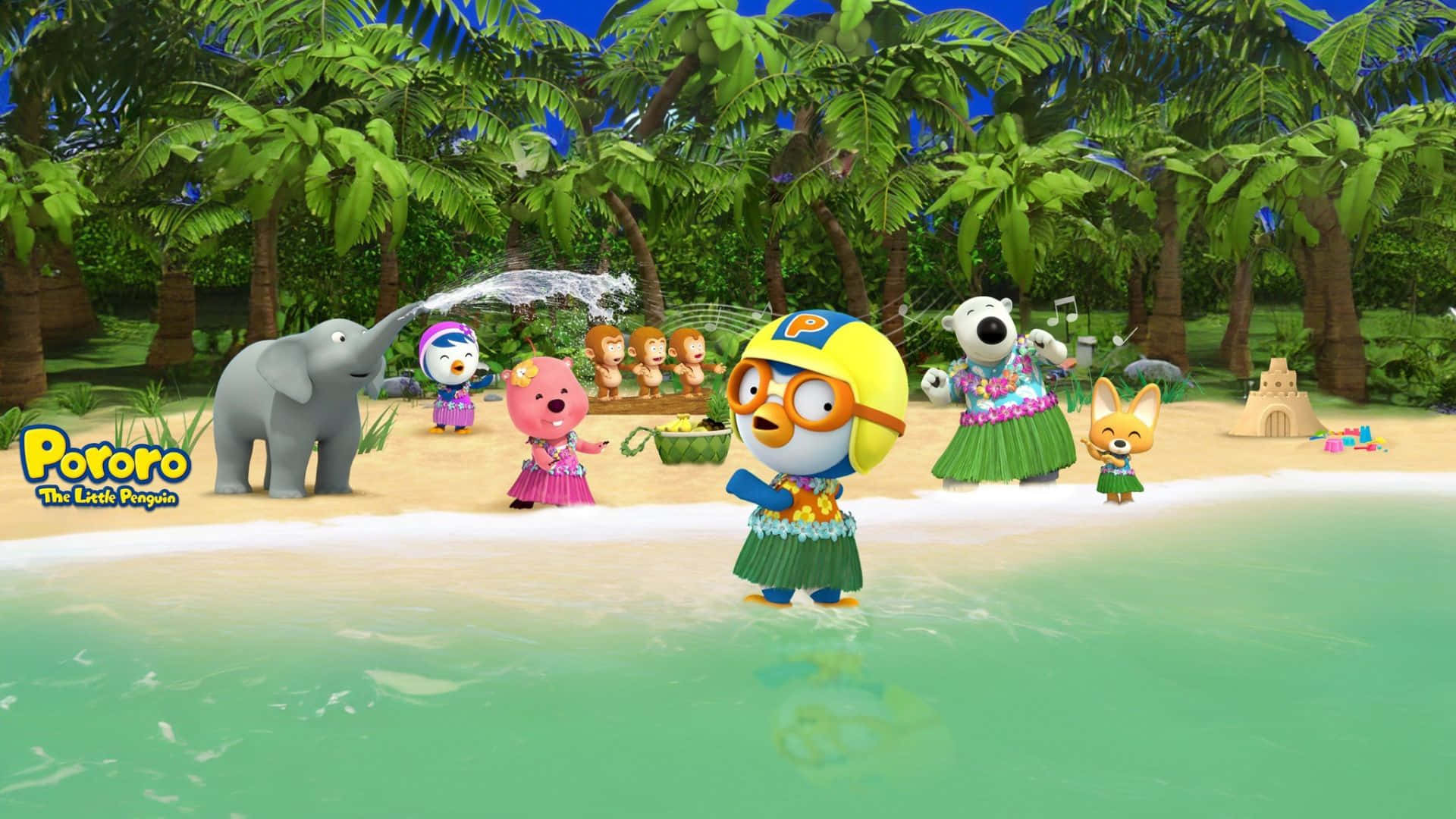 Pororo The Little Penguin, beach, tropical beach, Full HD Desktop Wallpaper