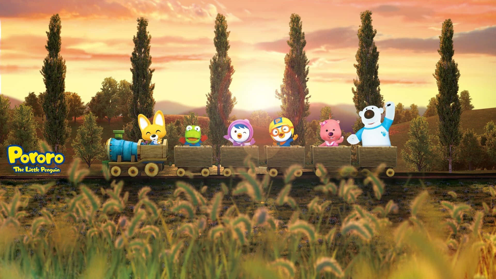 Pororo The Little Penguin, six animal friends, cartoon train, Full HD Desktop Wallpaper