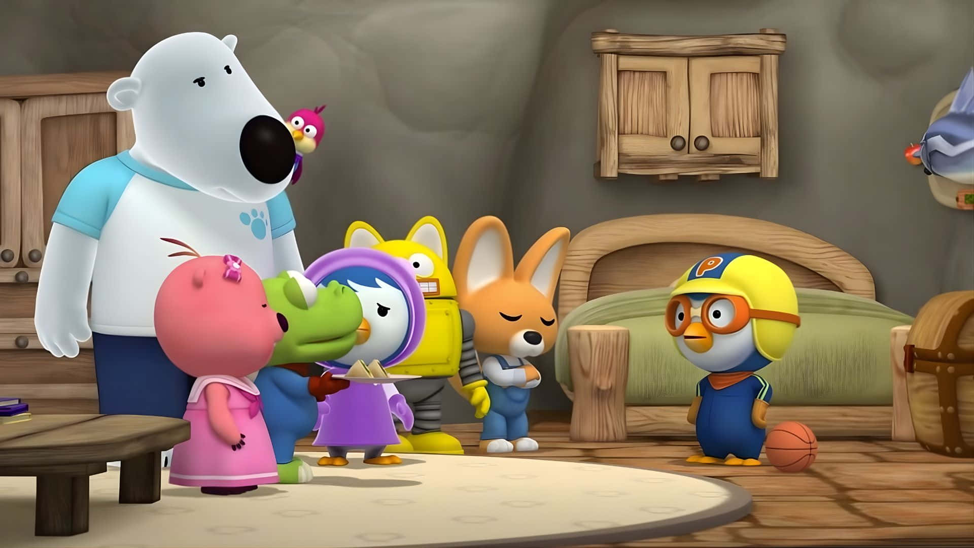 Pororo The Little Penguin, friends, wooden cabin, Full HD Desktop Wallpaper