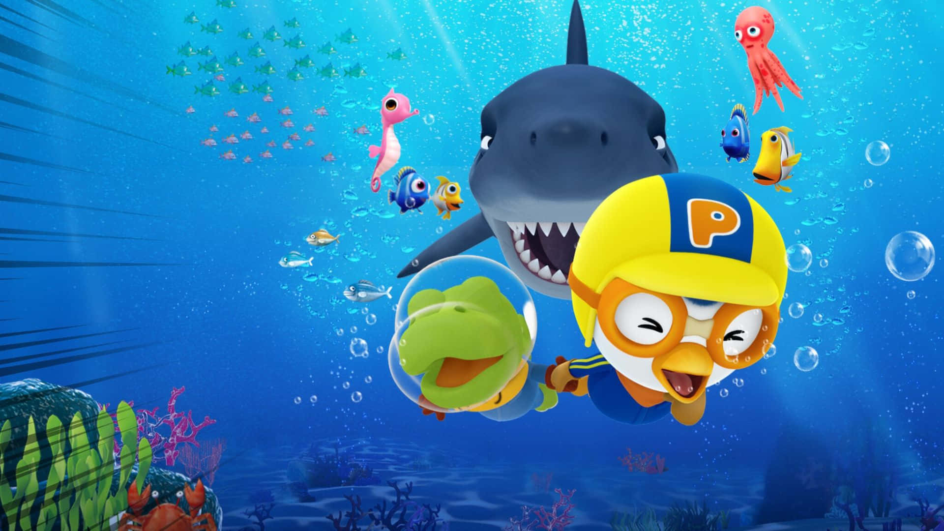 Pororo The Little Penguin, underwater, friendly shark, Full HD Desktop Wallpaper
