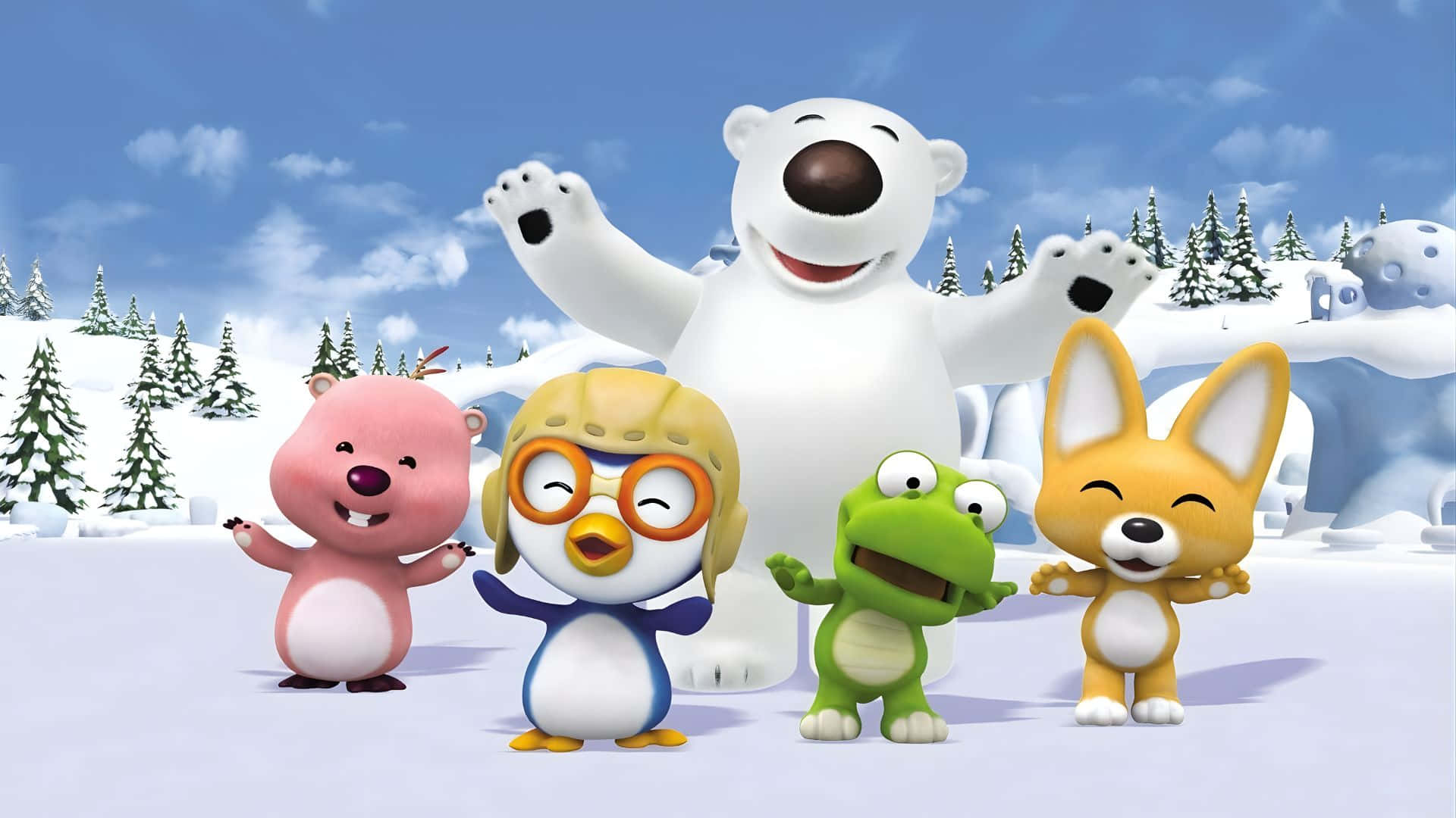 Pororo The Little Penguin, winter adventure, snowy landscape, Full HD Desktop Wallpaper