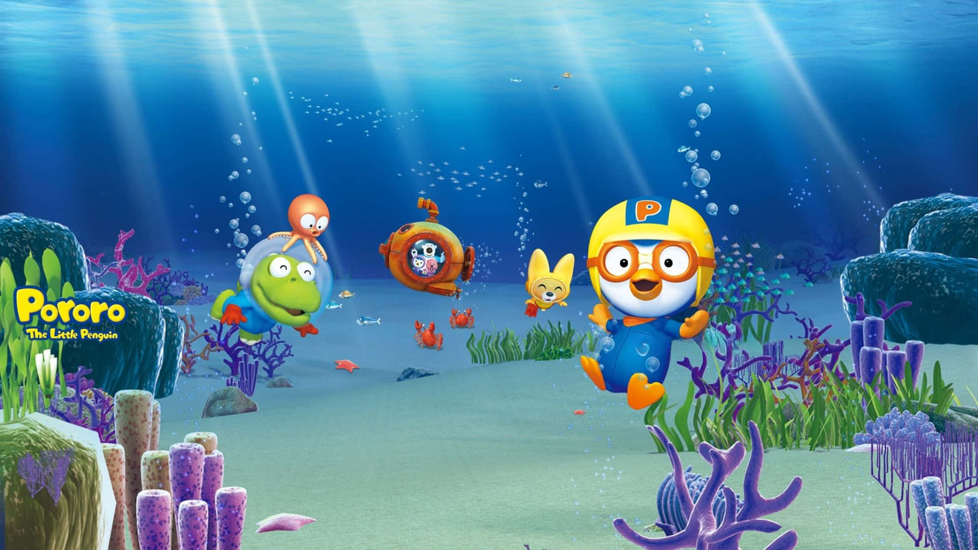 Pororo The Little Penguin, underwater adventure, vibrant coral reef, Full HD Desktop Wallpaper