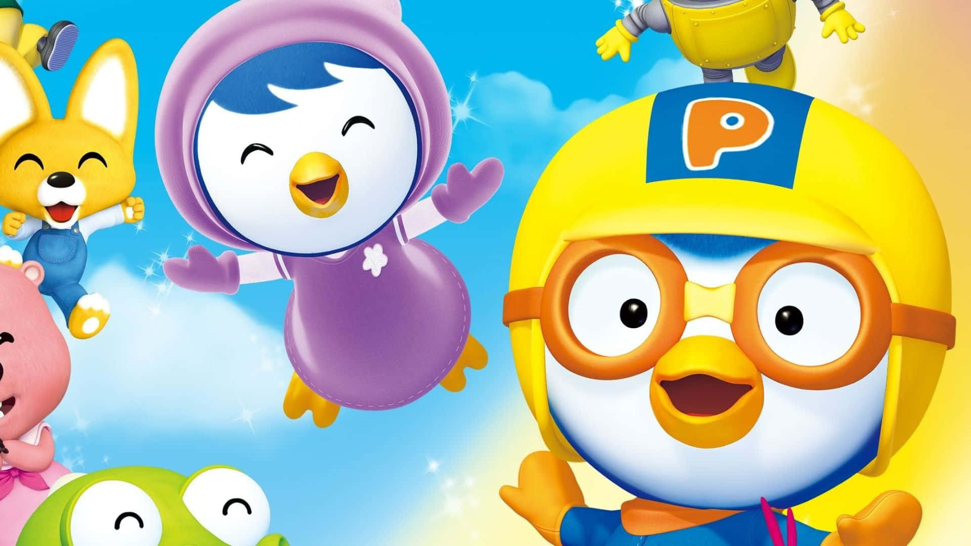 Pororo The Little Penguin, friends, bright blue sky, Full HD Desktop Wallpaper