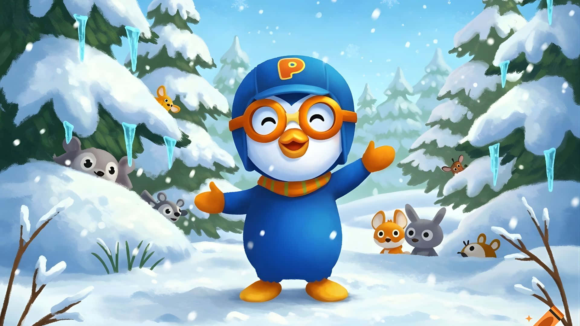 Pororo The Little Penguin, winter wonderland, snowy forest, Full HD Desktop Wallpaper