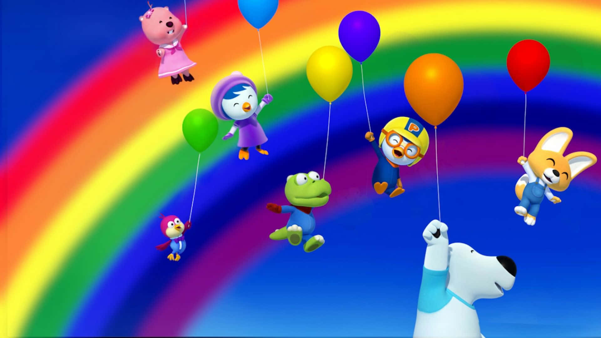 Pororo The Little Penguin, friends, colorful balloons, Full HD Desktop Wallpaper