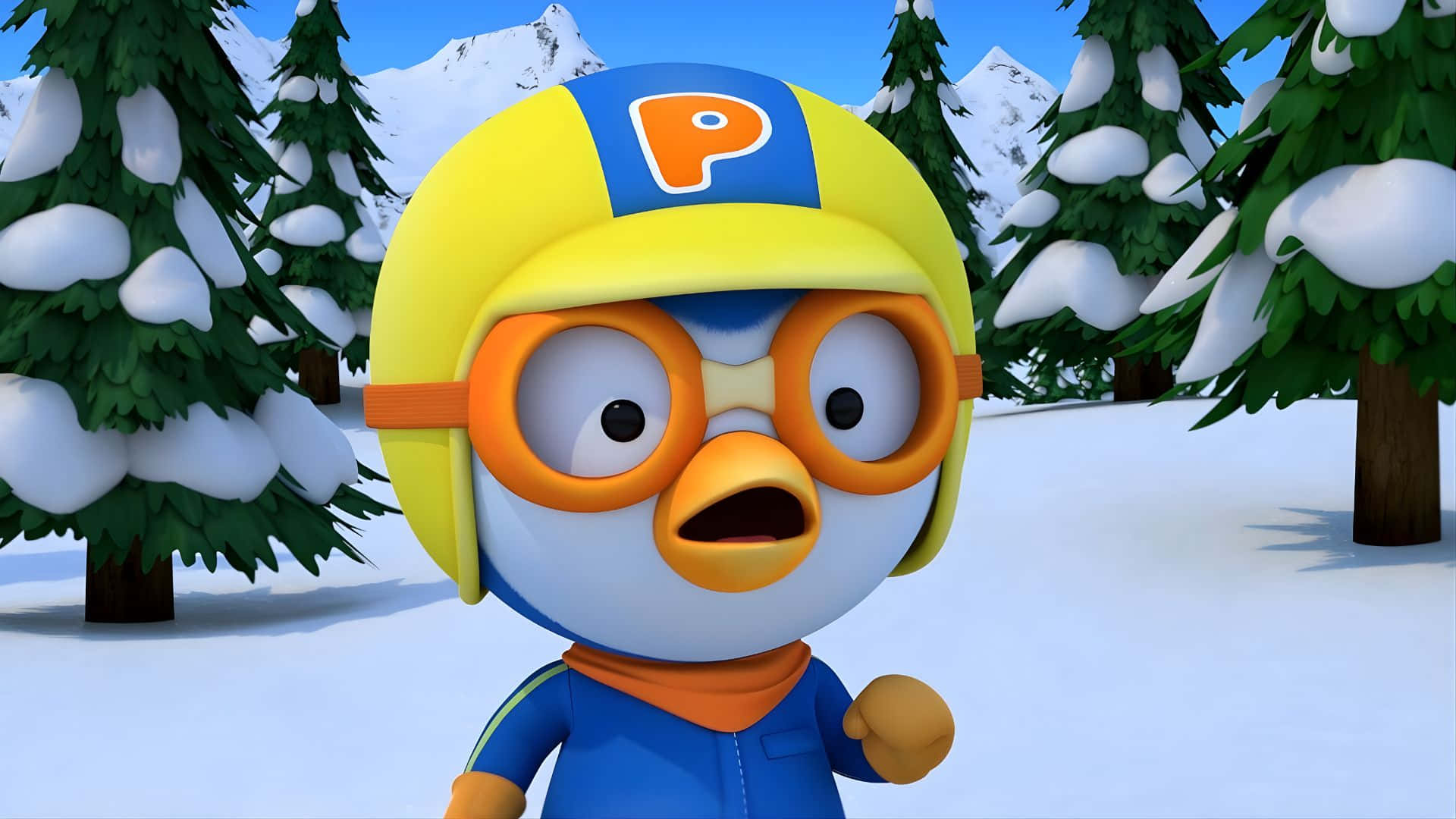Pororo The Little Penguin, yellow helmet, blue 'P', Full HD Desktop Wallpaper