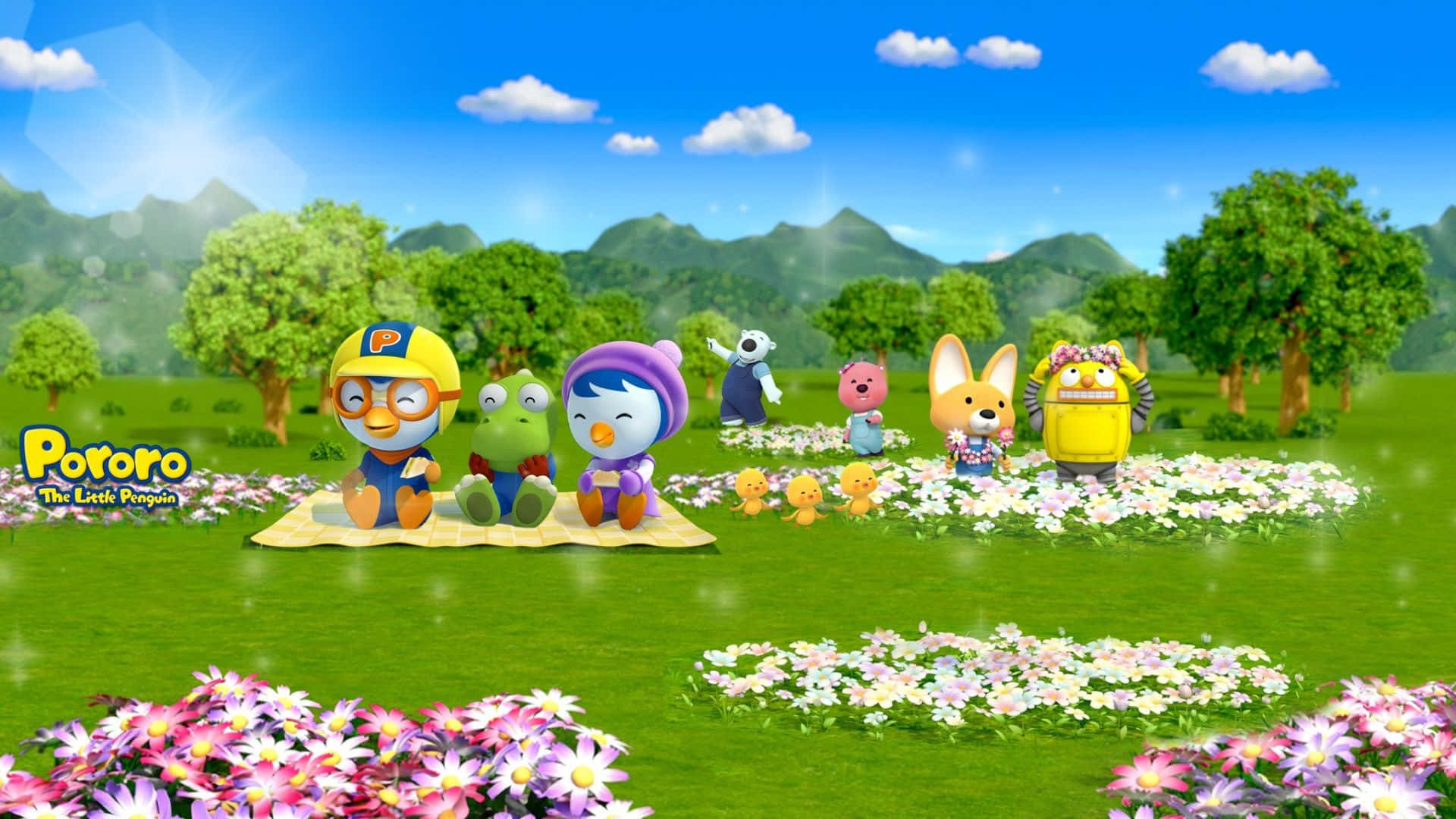 Pororo The Little Penguin, friends, garden, Full HD Desktop Wallpaper