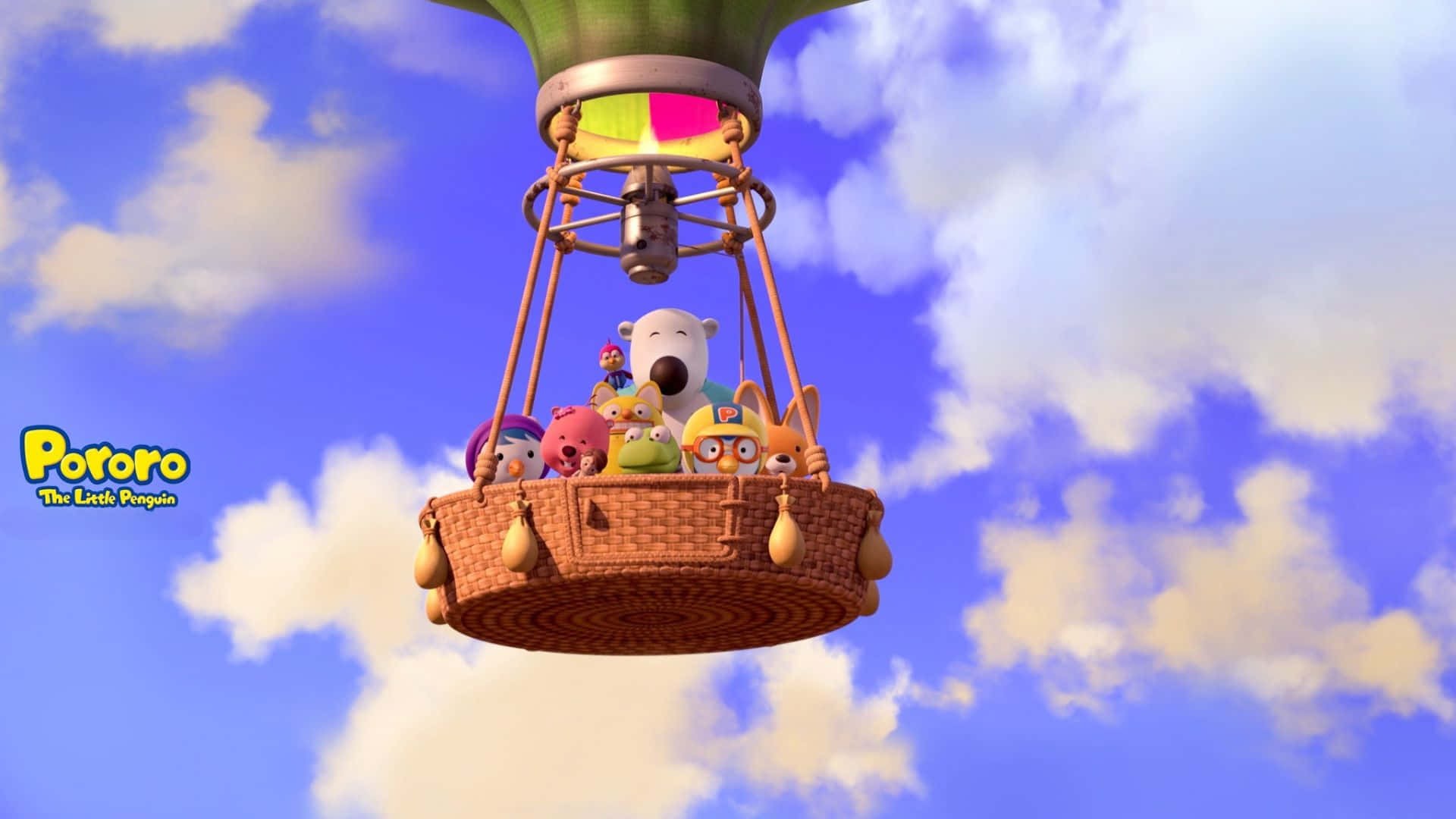 Pororo The Little Penguin, hot air balloon, woven basket, Full HD Desktop Wallpaper